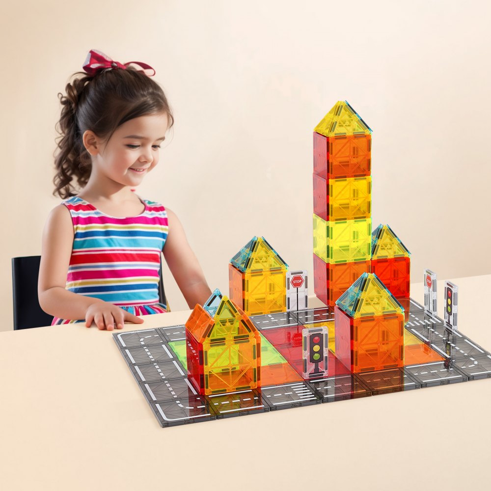 VEVOR Piastrelle Magnetiche 150 x 75 x 6,5 mm Blocchi Magnetici per Costruzioni Stradali per Bambini 56 Pezzi, con Borsa Portaoggetti, Giocattoli Educativi Sensoriali STEM per Costruzione di Città