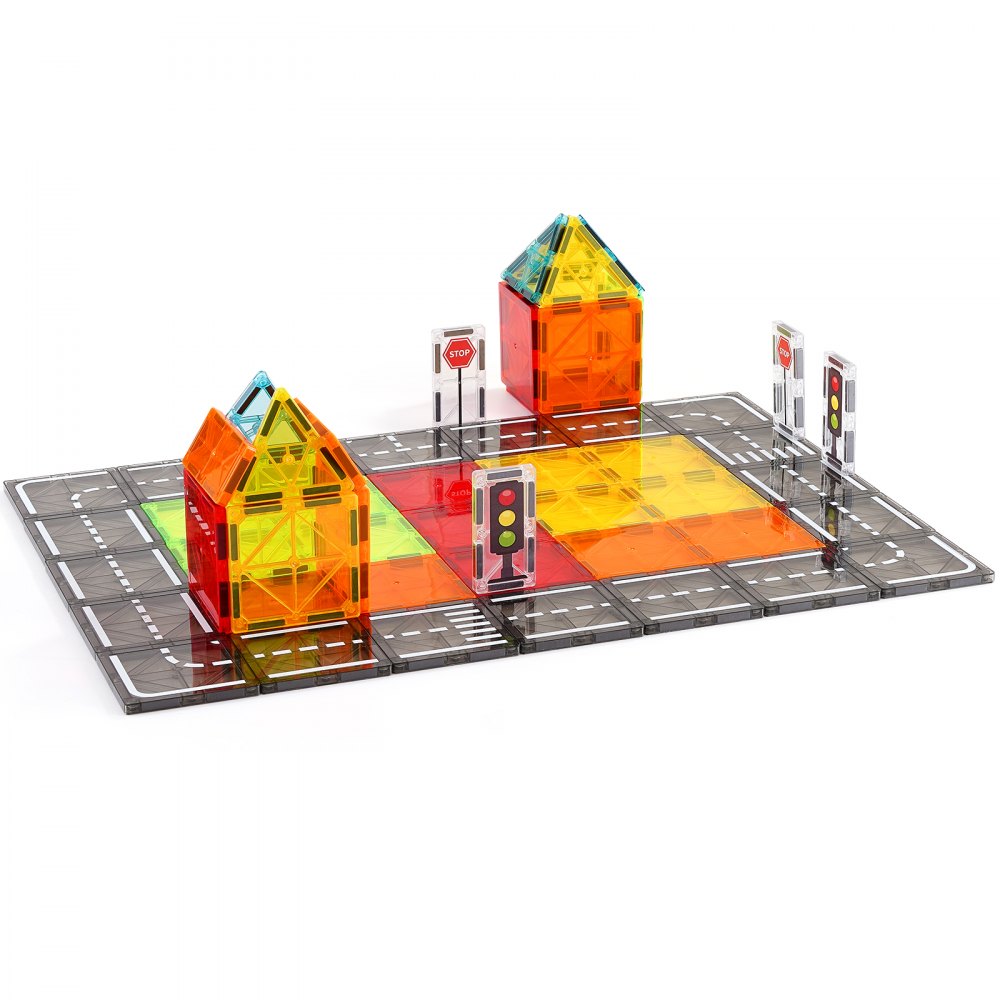 VEVOR Piastrelle Magnetiche 150 x 75 x 6,5 mm Blocchi Magnetici per Costruzioni Stradali per Bambini 56 Pezzi, con Borsa Portaoggetti, Giocattoli Educativi Sensoriali STEM per Costruzione di Città