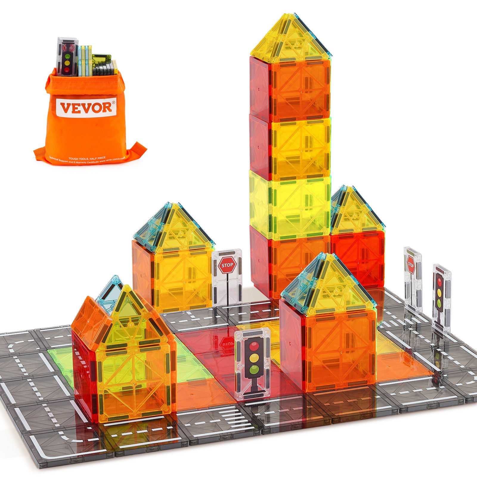 VEVOR Piastrelle Magnetiche 150 x 75 x 6,5 mm Blocchi Magnetici per Costruzioni Stradali per Bambini 56 Pezzi, con Borsa Portaoggetti, Giocattoli Educativi Sensoriali STEM per Costruzione di Città