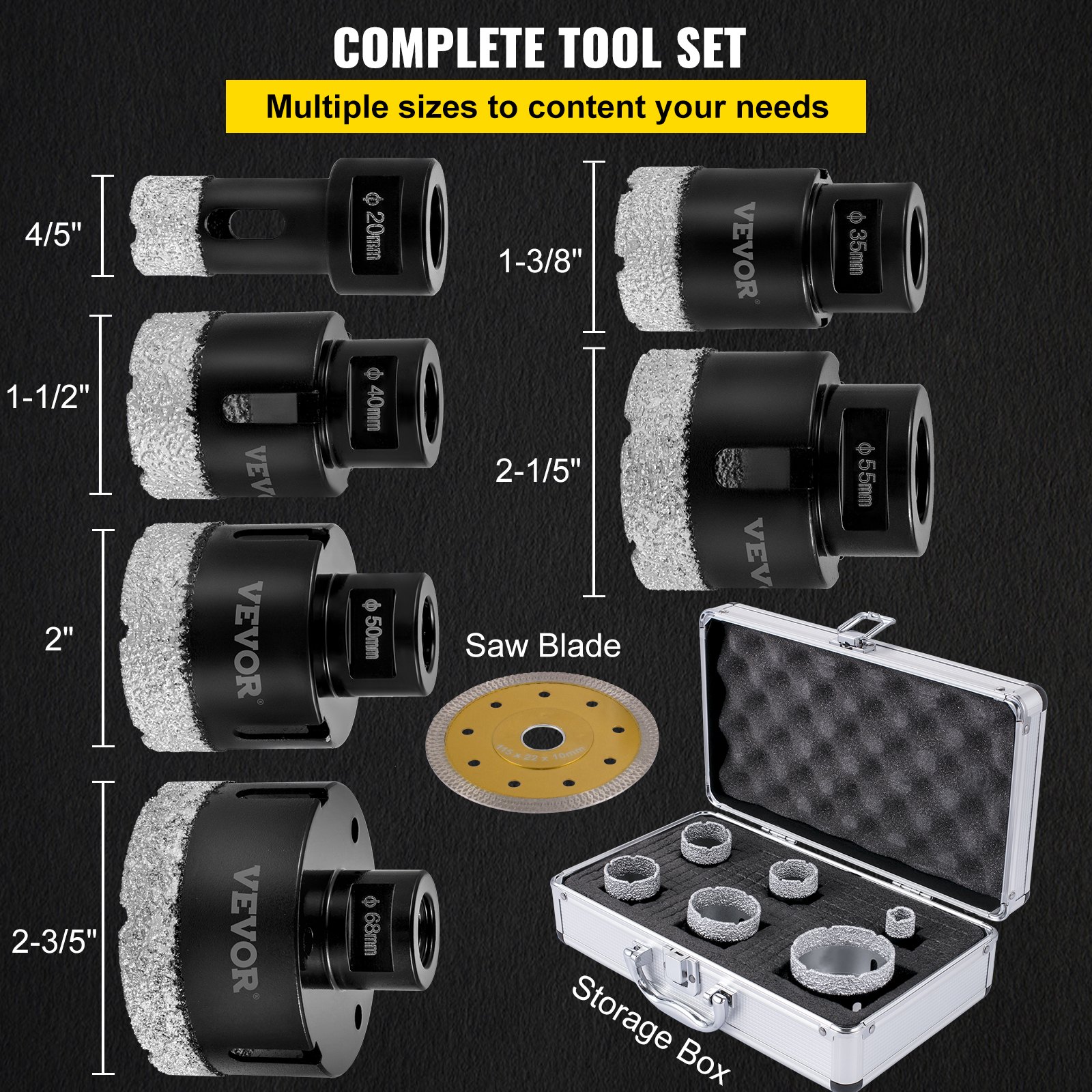 VEVOR Diamond Drill Bit Hole Saw Set 20/35/40/50/55/68mm Diameter, 6x Diamond Hole Saw Set with 15 mm Segment Height and 60 mm Bit Length for Drilling Hard Materials such as Ceramic, Marble, Masonry