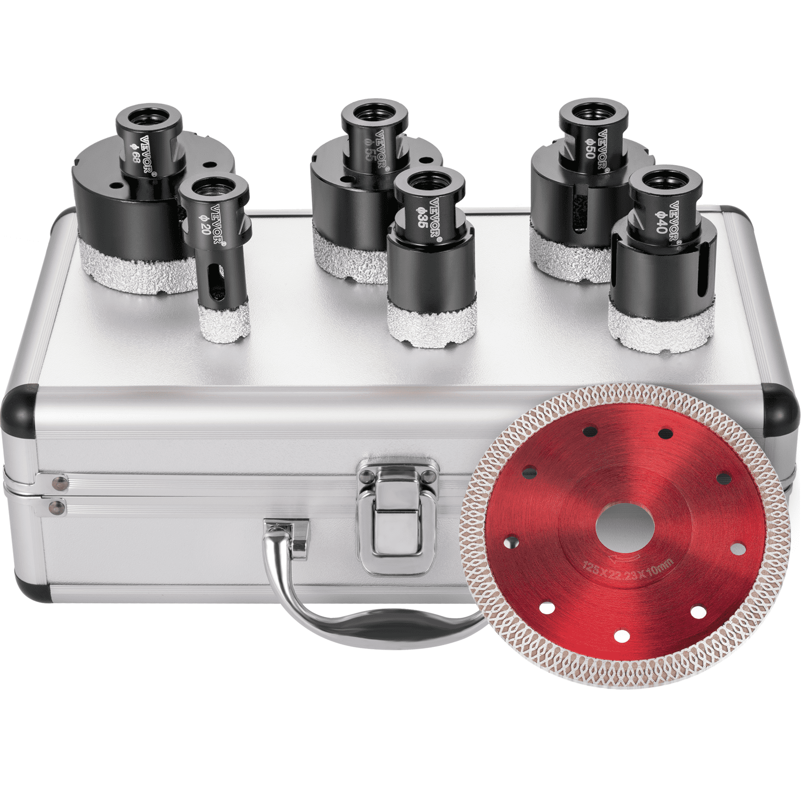 VEVOR Diamond Drill Bit Hole Saw Set 20/35/40/50/55/68mm Diameter, 6x Diamond Hole Saw Set with 15 mm Segment Height and 60 mm Bit Length for Drilling Hard Materials such as Ceramic, Marble, Masonry