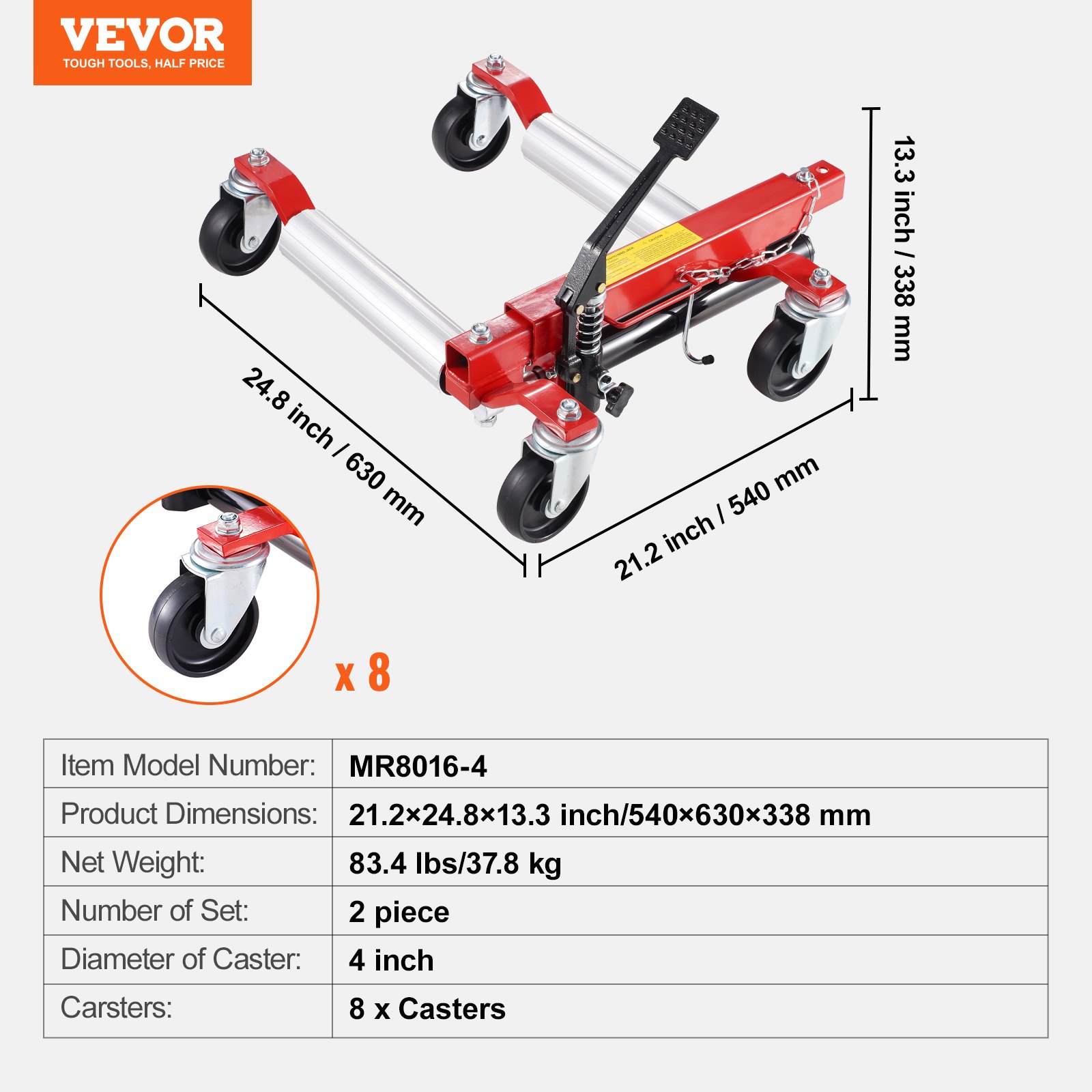 VEVOR Carrello per Ruote, Capacità 680,38 kg Sollevatore per Cric per Auto con Ruote Girevoli 360° Cric Idraulico per Posizionamento di Veicoli Pesanti, per Riparazione di Veicoli e Traslochi, Set 2