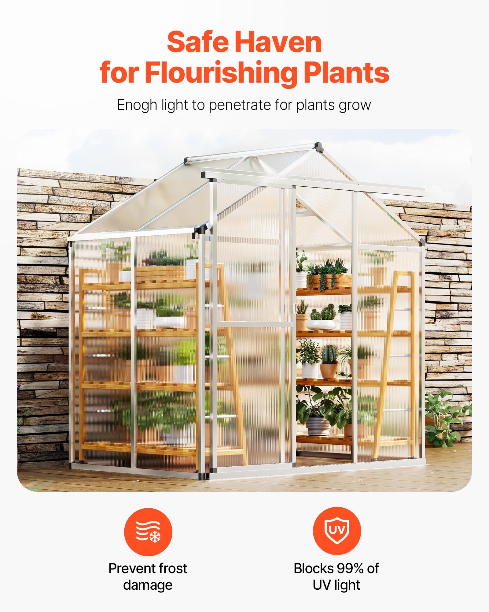 VEVOR Polycarbonate Greenhouse, 184x126x193cm, Plant House with Adjustable Ventilation Windows, Pavilion-Style Greenhouse with Sliding Door, Walk-in Aluminum Greenhouse Set for the Garden