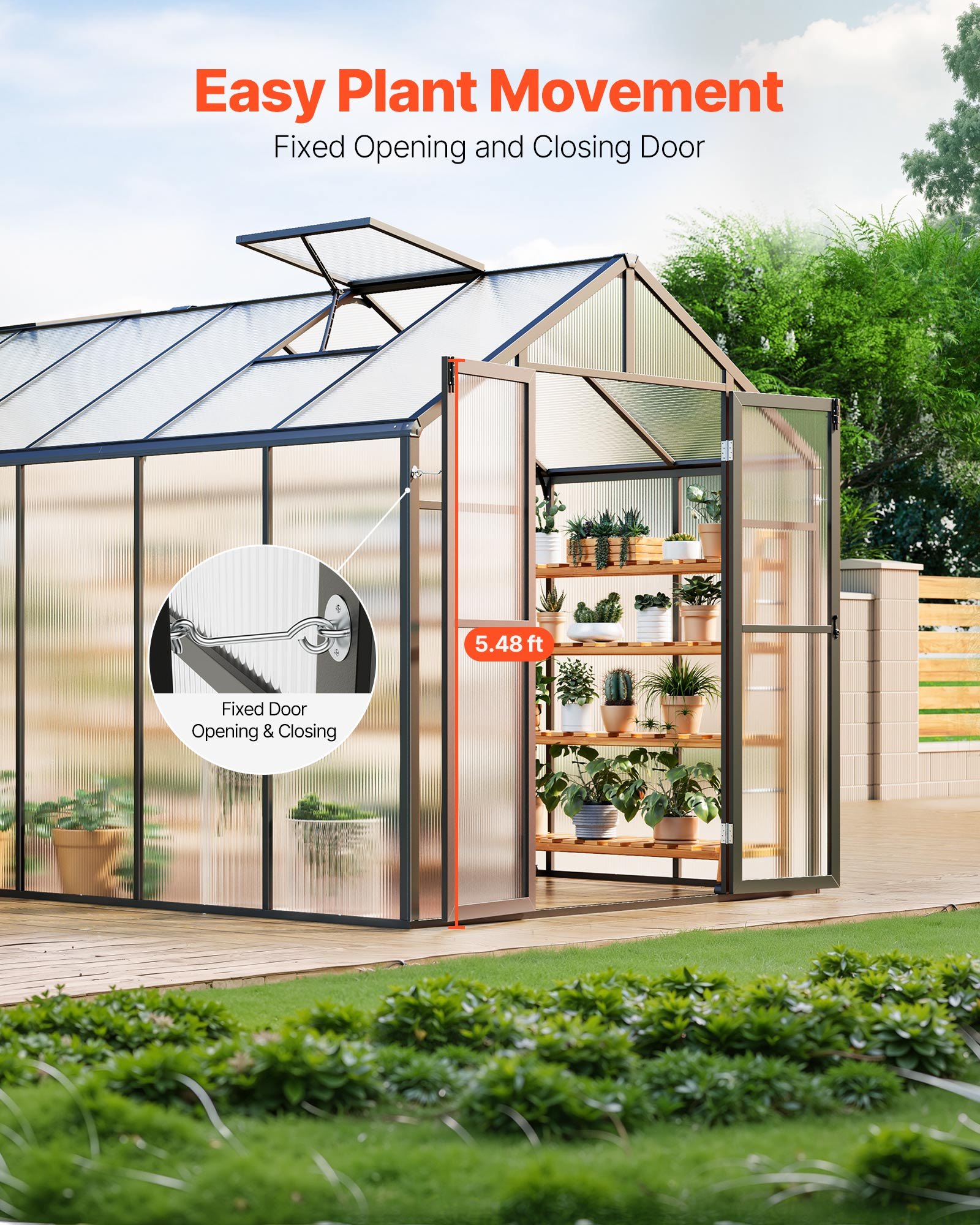 VEVOR Polycarbonate Greenhouse, 236x402.5x207cm, Outdoor Greenhouse with 2 Ventilation Windows, Pavilion-Style Plant House with Hinged Door, Walk-in Aluminum Greenhouse Set for Outdoor Gardens