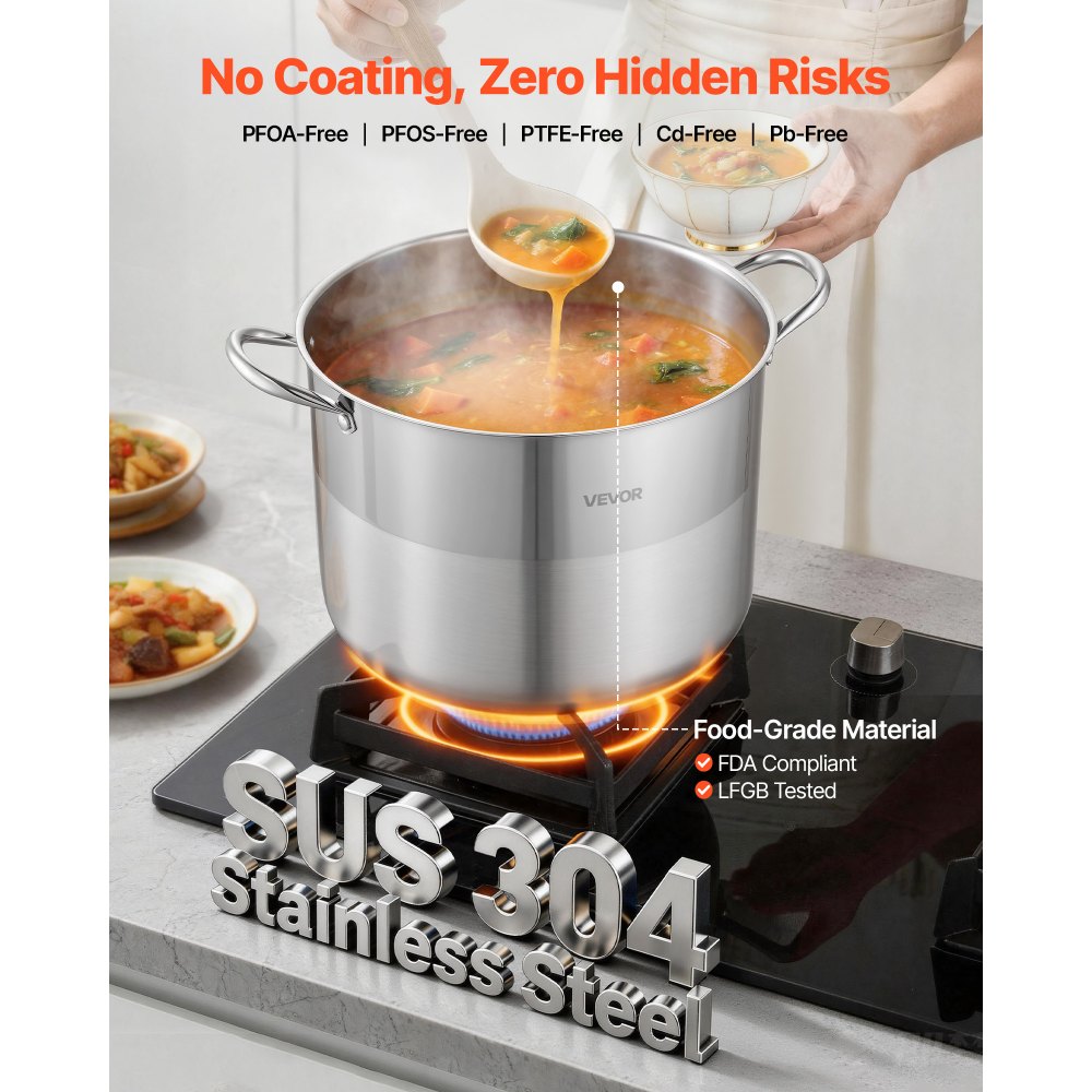 VEVOR Pentola in Acciaio Inox da 15,1 Litri, Casseruola in Acciaio Inox Ø 320x240 mm con Coperchio in Vetro per Cottura da Cucina Brodo, Pasta, Zuppa, Catering Ristorante, Piani Cottura a Gas