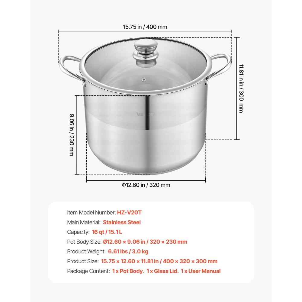 VEVOR Pentola in Acciaio Inox da 15,1 Litri, Casseruola in Acciaio Inox Ø 320x240 mm con Coperchio in Vetro per Cottura da Cucina Brodo, Pasta, Zuppa, Catering Ristorante, Piani Cottura a Gas