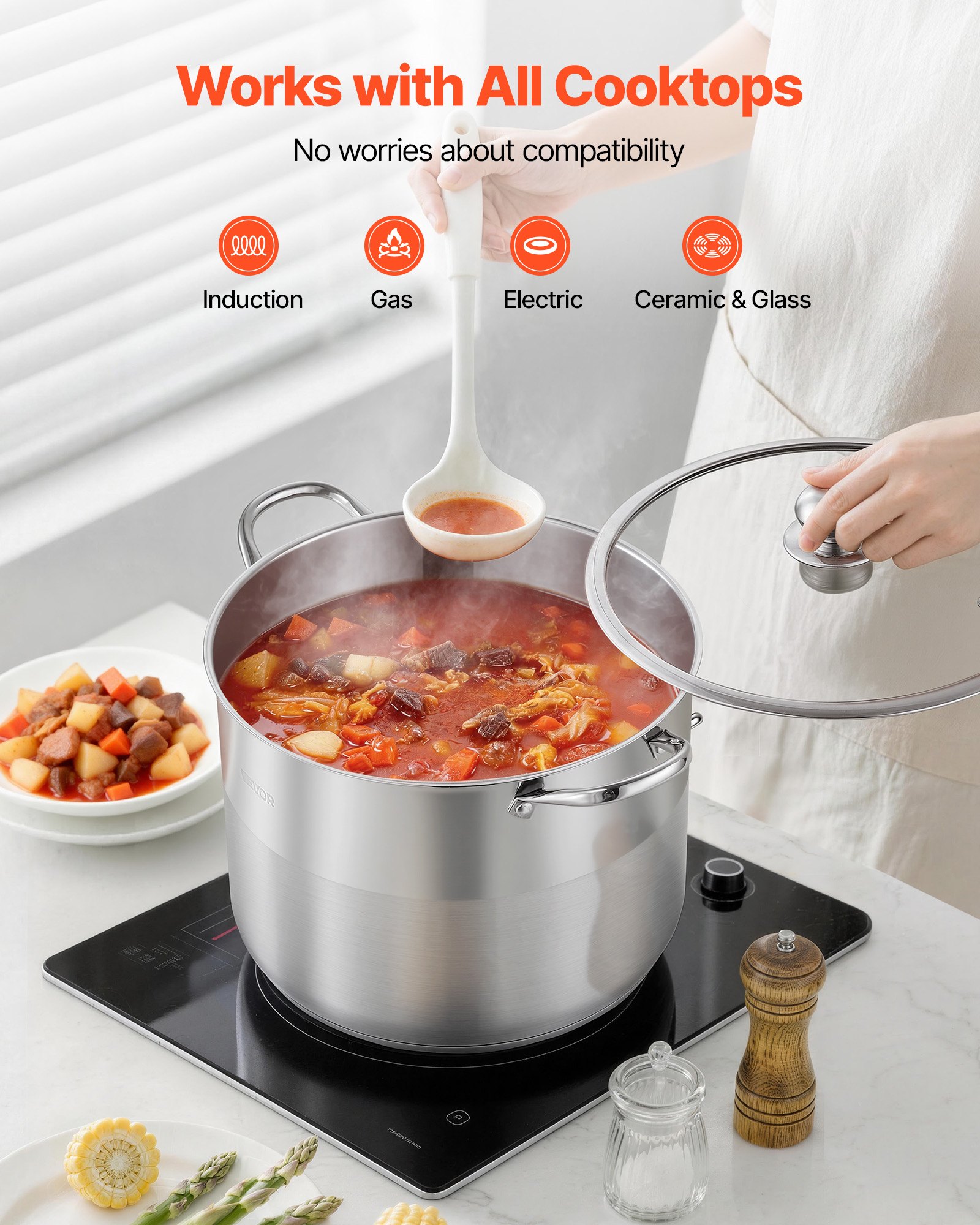 VEVOR Pentola in Acciaio Inox da 15,1 Litri, Casseruola in Acciaio Inox Ø 320x240 mm con Coperchio in Vetro per Cottura da Cucina Brodo, Pasta, Zuppa, Catering Ristorante, Piani Cottura a Gas