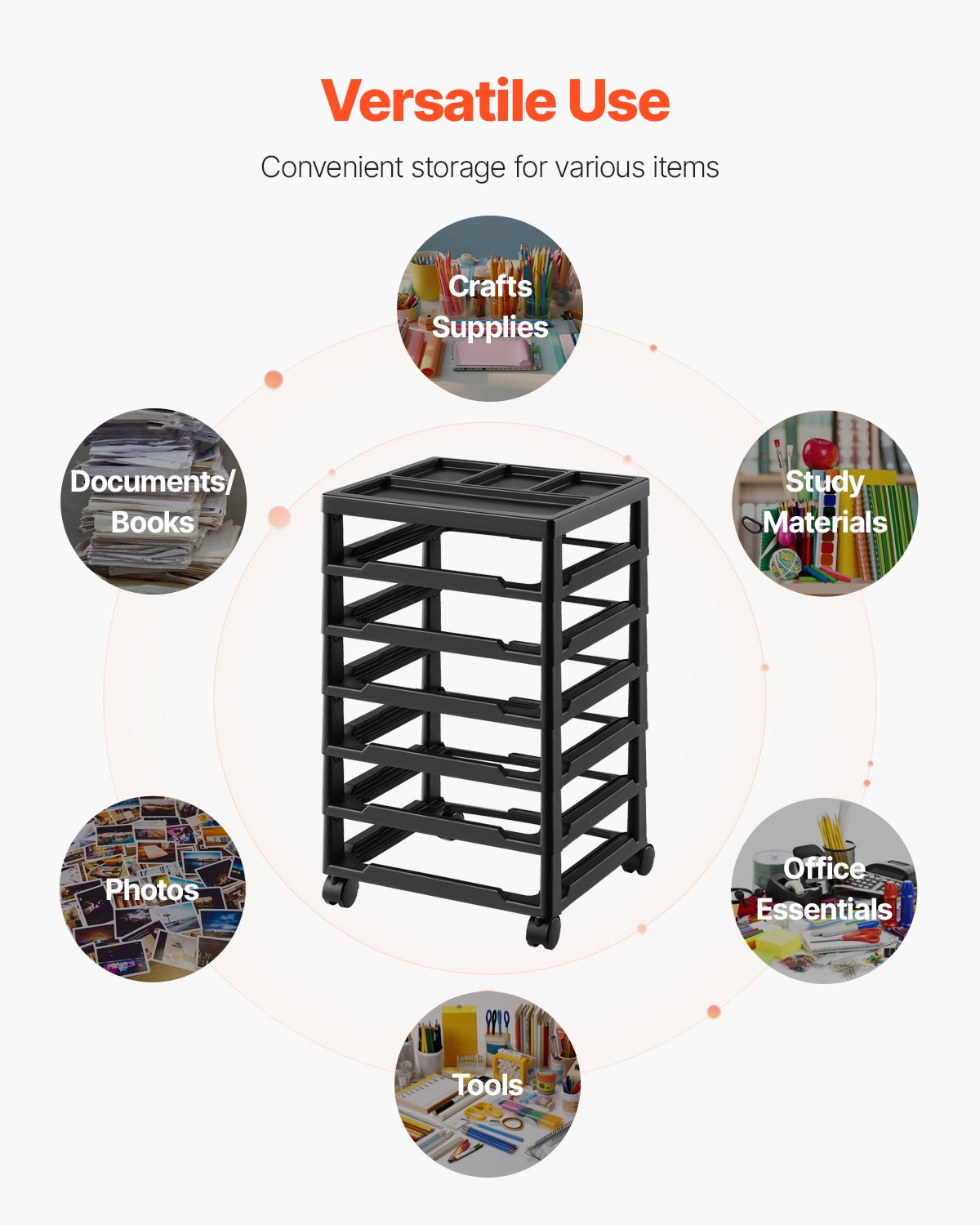 VEVOR Carrello Portaoggetti con Ruote per Album di Ritagli, 6 Ripiani, Contenitore per Lavori Artigianali con Ruote, Telaio Nero con 4 Ruote Rimovibili, Solo Carrello in Materiale PP,  per Ufficio