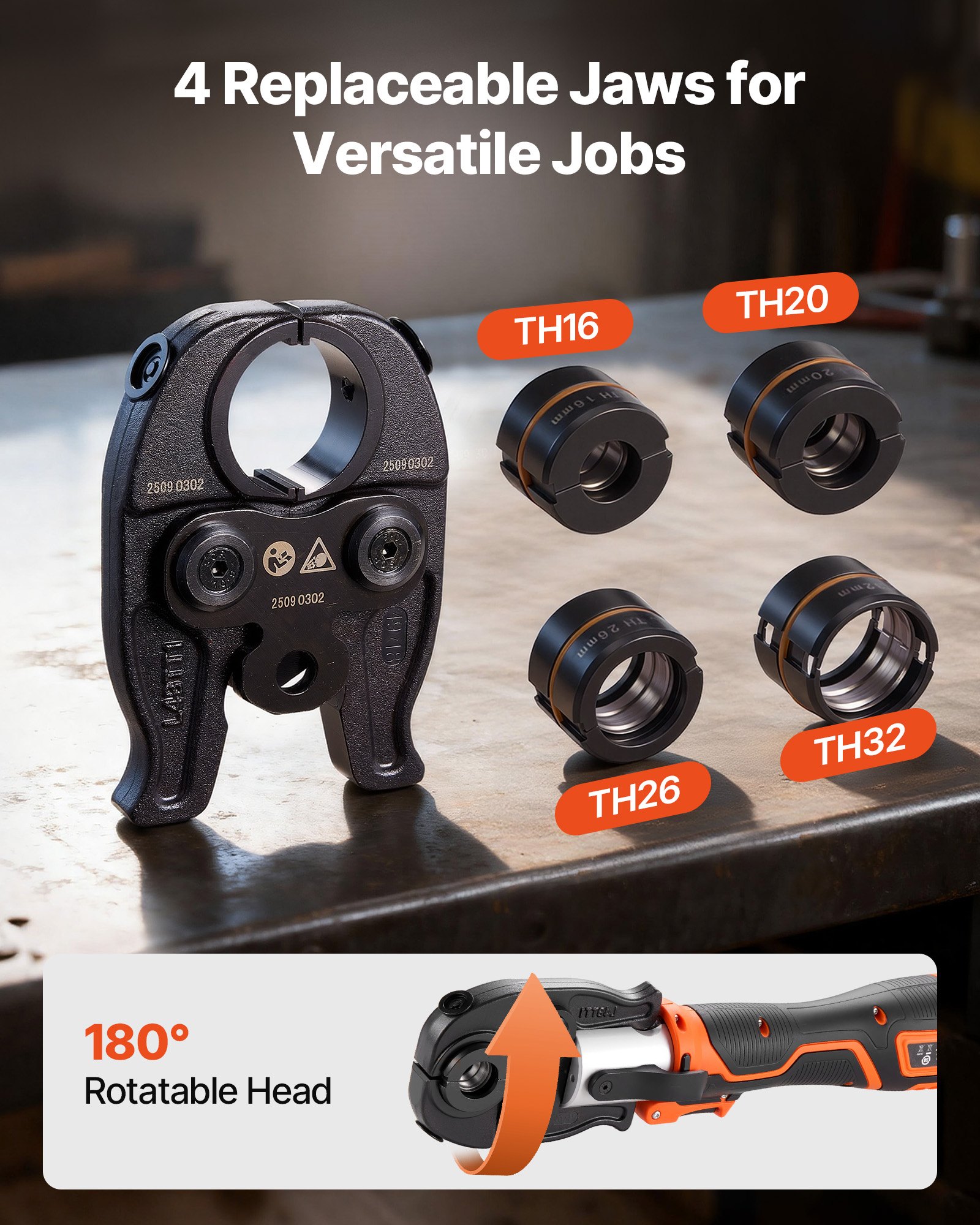 VEVOR Pinza Crimpatrice con Capricorda, Pinza Crimpatrice Elettrica da 18 V per Tubi in PEX e Alluminio-Plastica, con Ganasce TH16 TH20 TH26 TH32, 2 Batterie da 2 AH, Caricabatterie Rapido