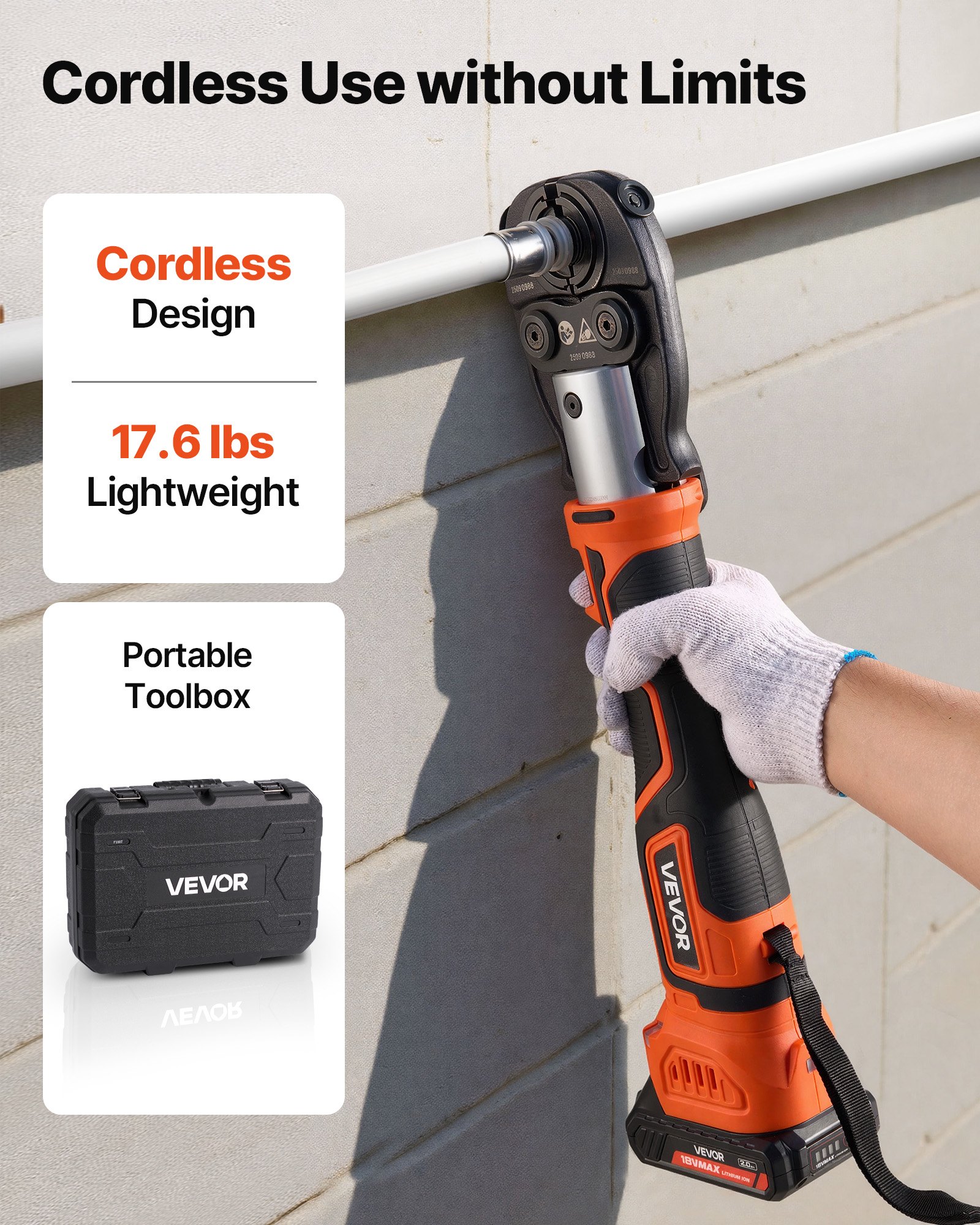 VEVOR Pinza Crimpatrice con Capricorda, Utensile Elettrico per Crimpatura di Tubi da 18 V per Tubi PEX e Alluminio-Plastica, 2 Batterie da 2 AH, Caricabatterie Rapido e Custodia per il Trasporto