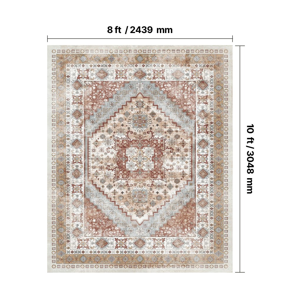 VEVOR Area Rug, 2439 x 3048 mm, Short Pile, Washable Rug, Non-Slip Living Room Rug, Vintage Style, Indoor Mat for Bedroom, Living Room, Children's Room, Office, Brown-Red