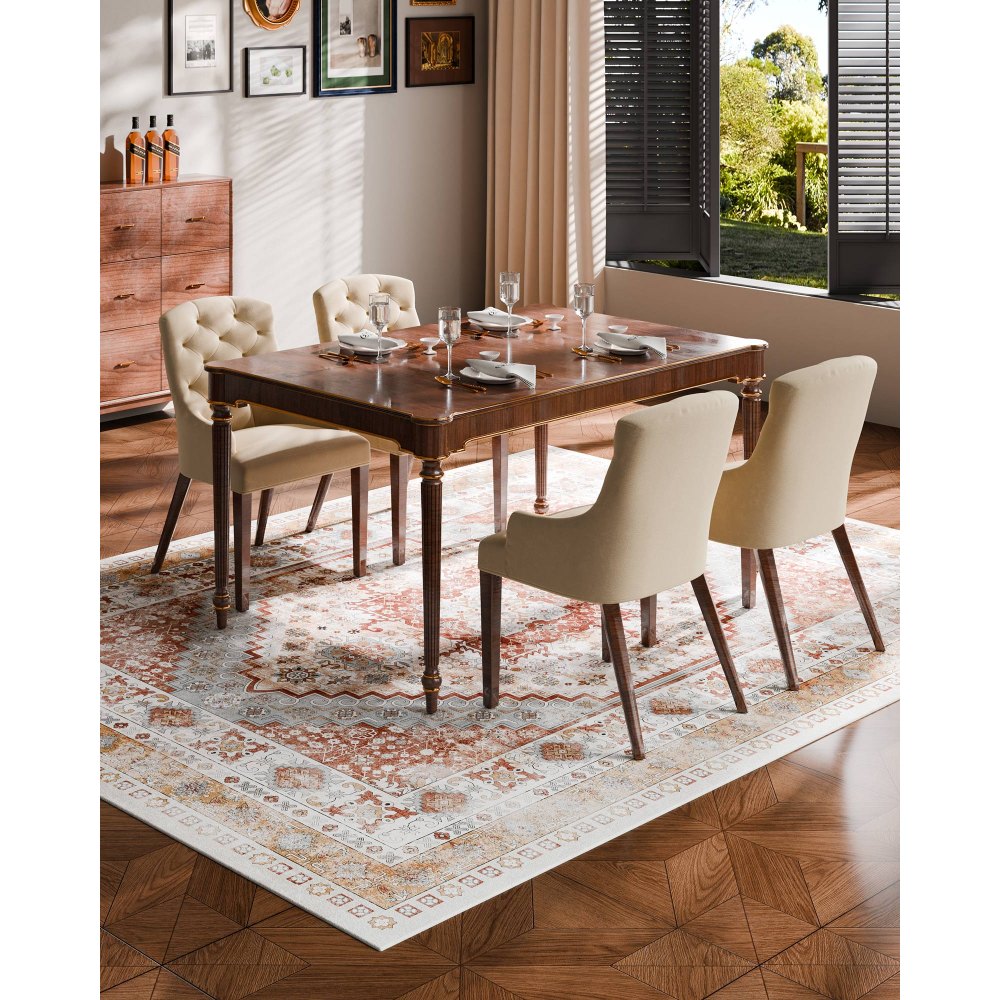 VEVOR Area Rug, 2439 x 3048 mm, Short Pile, Washable Rug, Non-Slip Living Room Rug, Vintage Style, Indoor Mat for Bedroom, Living Room, Children's Room, Office, Brown-Red