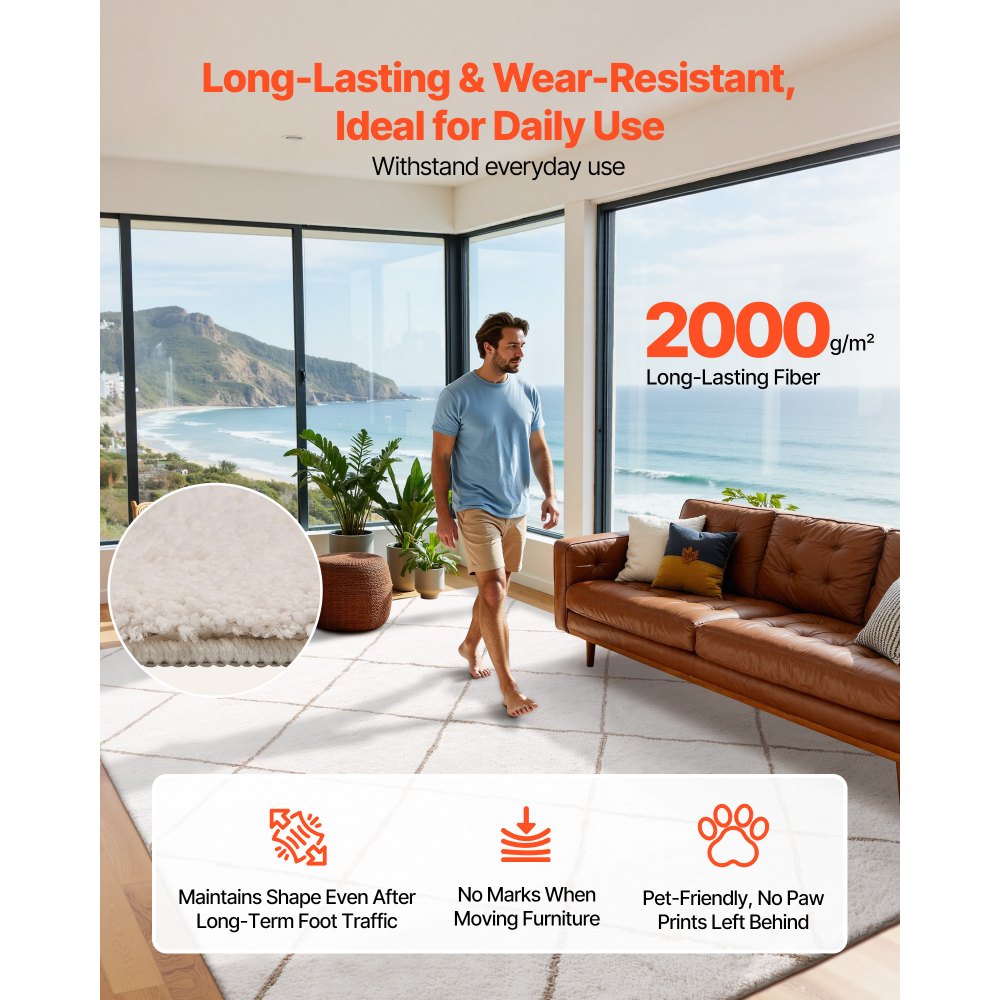 VEVOR Tappeto Morbido per Interni in Peluche 2,44 x 3,05 m, Tappeto Morbido Pelo Lungo, Tappetino in Peluche per Camera da Letto Soggiorno Salotto Studio, Antiscivolo, Beige