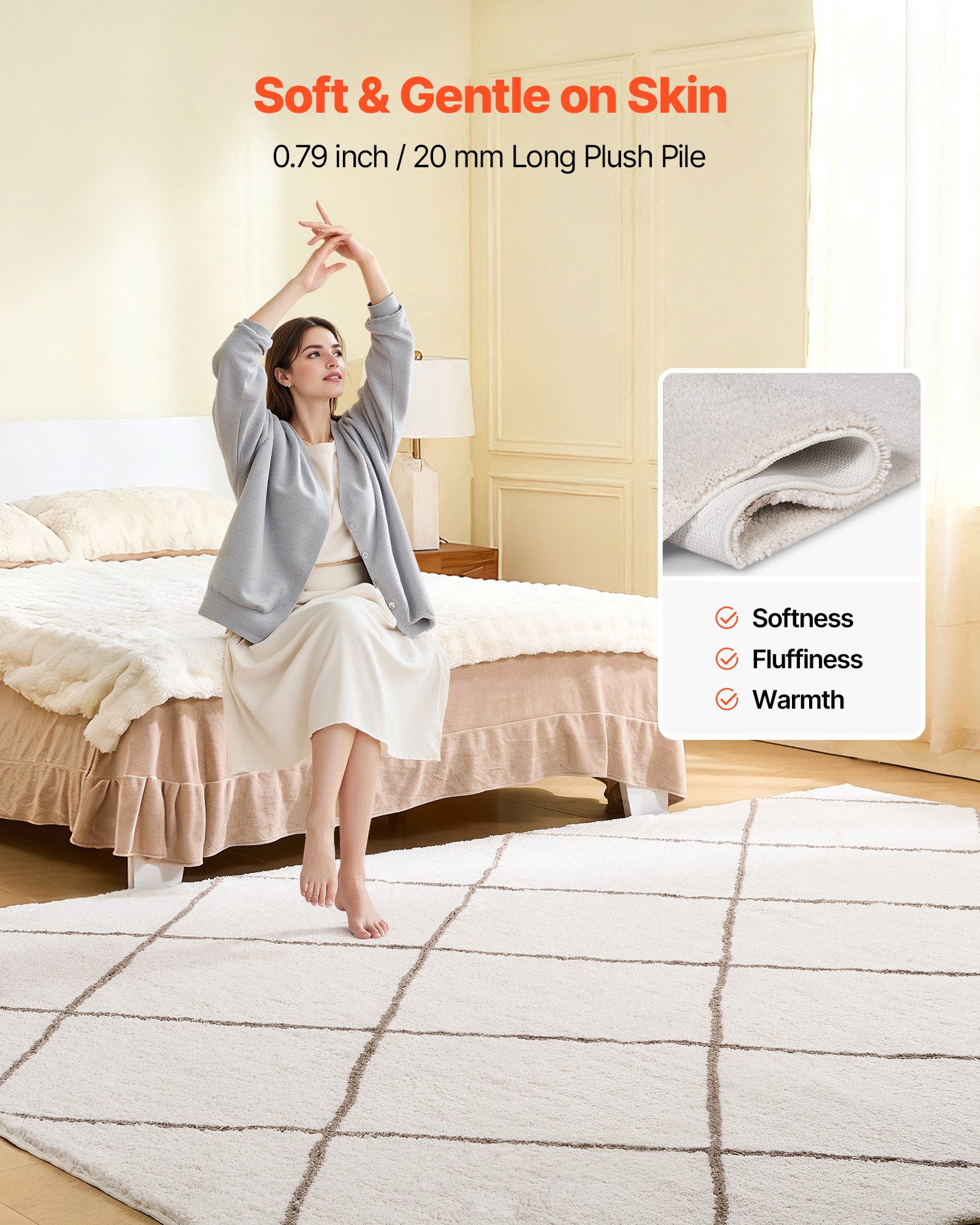 VEVOR Tappeto Morbido per Interni in Peluche 2,44 x 3,05 m, Tappeto Morbido Pelo Lungo, Tappetino in Peluche per Camera da Letto Soggiorno Salotto Studio, Antiscivolo, Beige