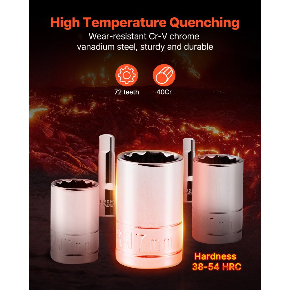 VEVOR Set di Utensili Meccanici e Set di Bussole, 450 Pezzi, Bussole Profonde e Standard da 6,4, 9,5 e 12,7 mm, Kit di Utensili Meccanici Metrici SAE con Punte, Chiavi, Accessori, Custodia Arancione