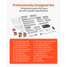 VEVOR Set di Utensili Meccanici e Set di Bussole, 450 Pezzi, Bussole Profonde e Standard da 6,4, 9,5 e 12,7 mm, Kit di Utensili Meccanici Metrici SAE con Punte, Chiavi, Accessori, Custodia Arancione
