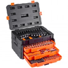 VEVOR Set di Utensili Meccanici e Set di Bussole, 450 Pezzi, Bussole Profonde e Standard da 6,4, 9,5 e 12,7 mm, Kit di Utensili Meccanici Metrici SAE con Punte, Chiavi, Accessori, Custodia Arancione