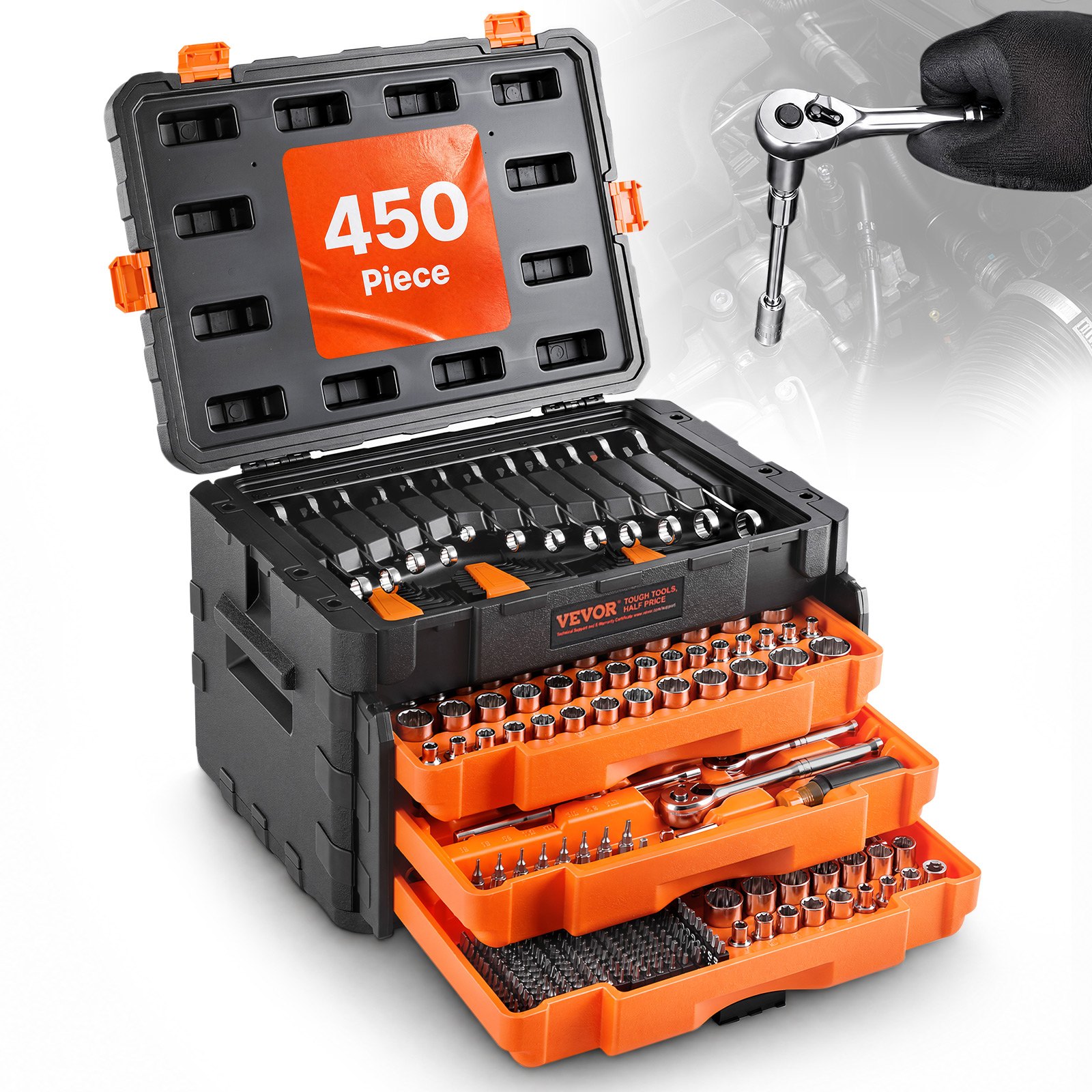 VEVOR Set di Utensili Meccanici e Set di Bussole, 450 Pezzi, Bussole Profonde e Standard da 6,4, 9,5 e 12,7 mm, Kit di Utensili Meccanici Metrici SAE con Punte, Chiavi, Accessori, Custodia Arancione