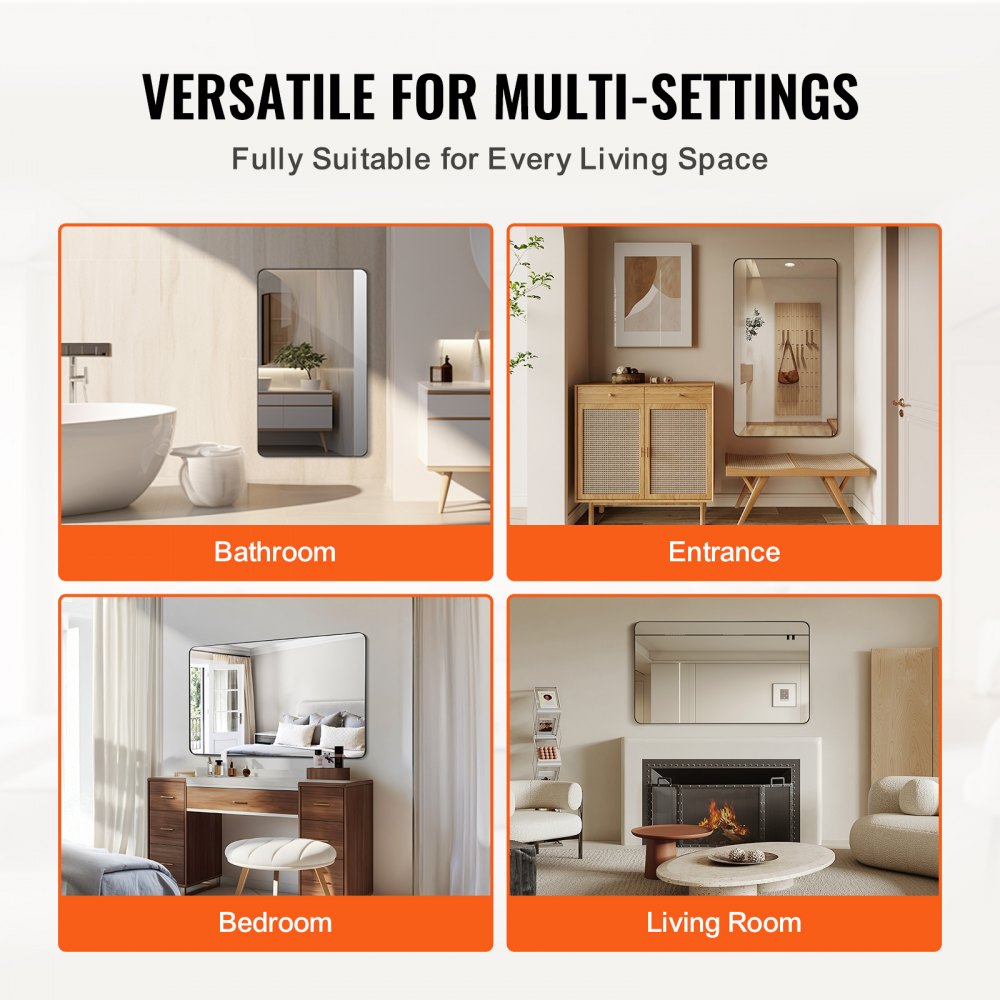 VEVOR Specchio per Trucco da Parete, Spessore 3,81 mm Specchio con Cornice 1219 x 762 mm in Lega di Alluminio e Pellicola Antideflagrante, Specchio Antigraffio con Staffa a Forma di Z, per Soggiorno