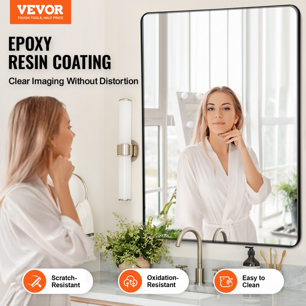 VEVOR Specchio da Trucco da Parete, Specchio 1220 x 915 mm con Cornice in Lega di Alluminio e Pellicola Antideflagrante, Specchio Antigraffio con Staffa a Forma di Z, Adatto per Bagno Soggiorno Nero