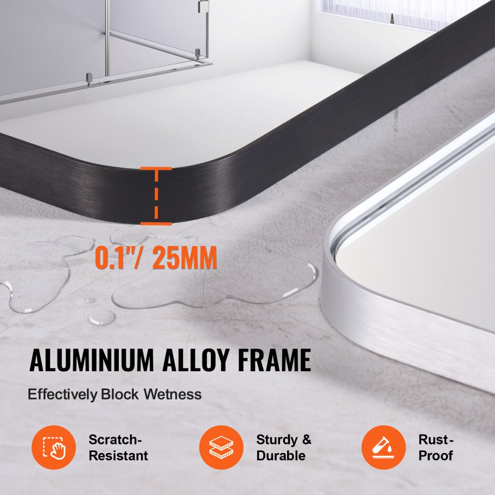 VEVOR Specchio da Trucco da Parete, Specchio 1220 x 915 mm con Cornice in Lega di Alluminio e Pellicola Antideflagrante, Specchio Antigraffio con Staffa a Forma di Z, Adatto per Bagno Soggiorno Nero