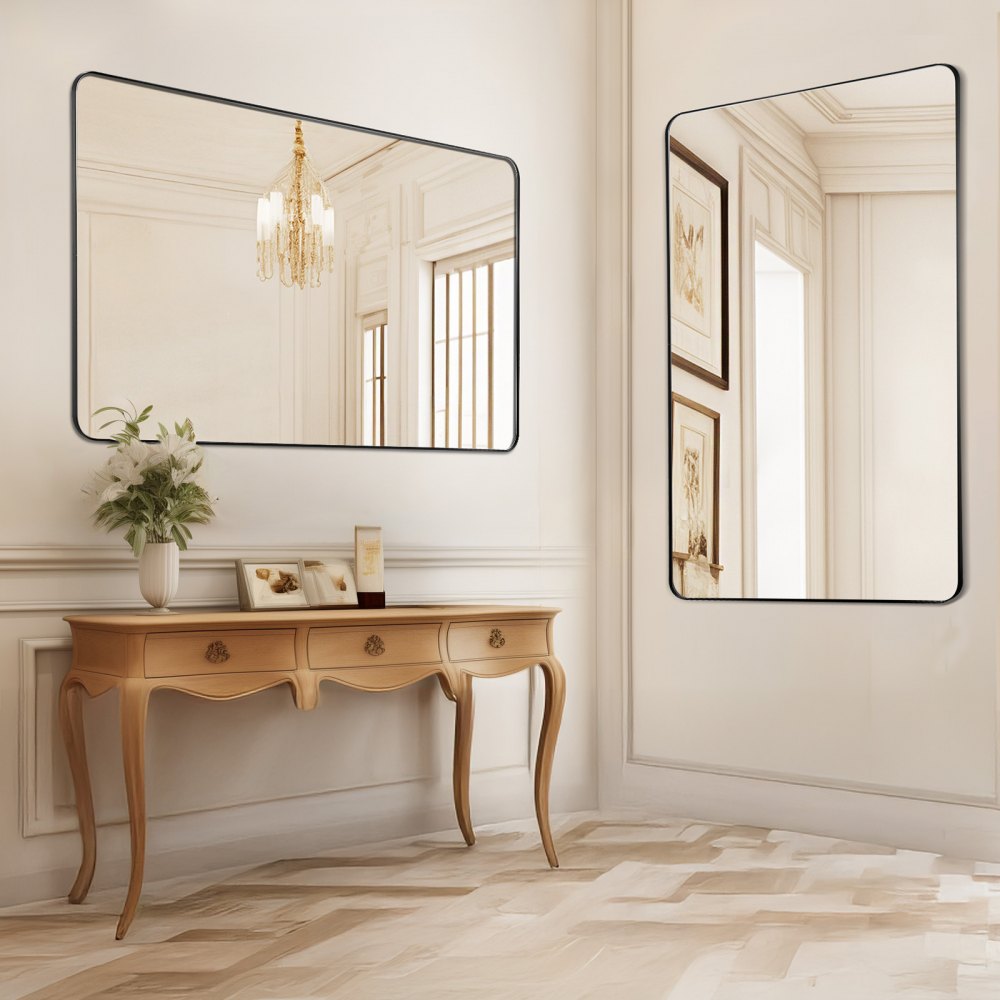 VEVOR Specchio da Trucco da Parete, Specchio 1220 x 915 mm con Cornice in Lega di Alluminio e Pellicola Antideflagrante, Specchio Antigraffio con Staffa a Forma di Z, Adatto per Bagno Soggiorno Nero