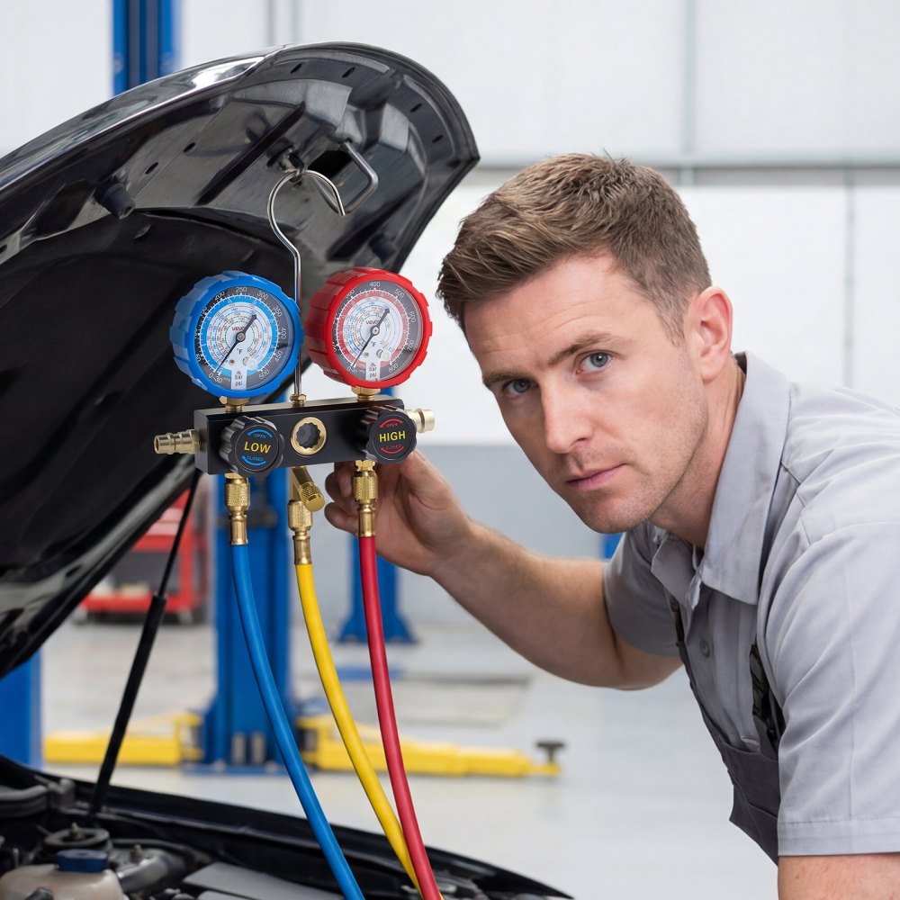 VEVOR Kit Manometro del Refrigerante per Aria Condizionata per Autoveicoli, Strumenti del Refrigerante a 3 Vie Tubi Flessibili Raccordi a Sgancio Rapido, Manometro per Aria Condizionata Auto