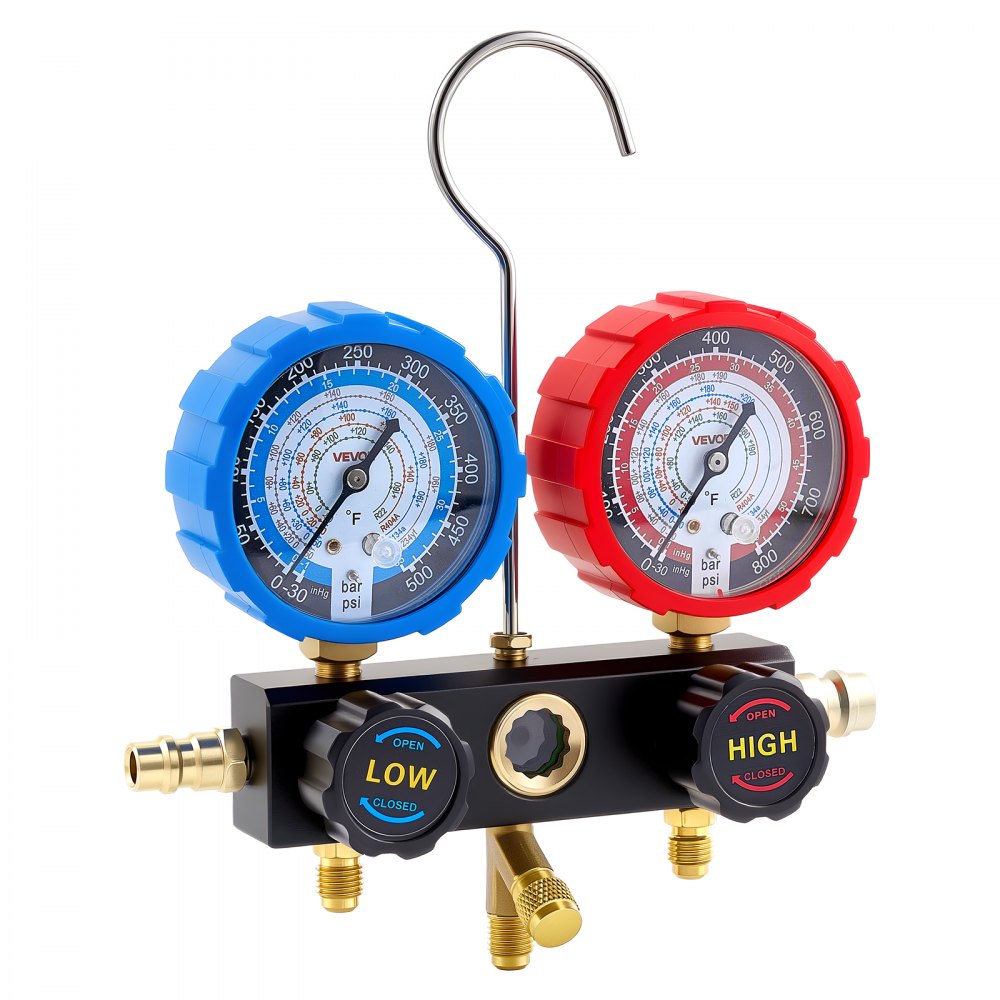 VEVOR Kit Manometro del Refrigerante per Aria Condizionata per Autoveicoli, Strumenti del Refrigerante a 3 Vie Tubi Flessibili Raccordi a Sgancio Rapido, Manometro per Aria Condizionata Auto