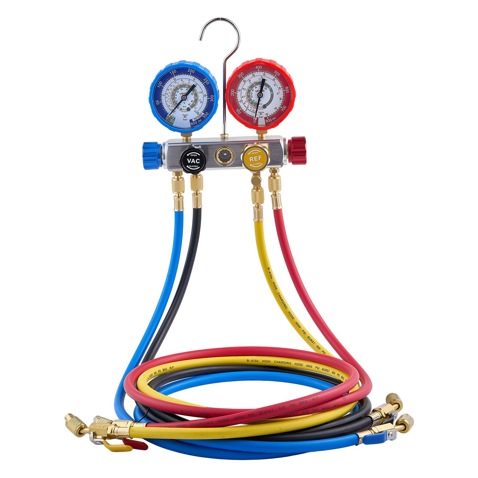 VEVOR Kit Manometro Ricarica del Refrigerante per Aria Condizionata Autoveicoli, Strumenti del Refrigerante a 4 Vie per Sistema Aria Condizionata per Auto R22 R404A R410A R12, Manometro Indicatore