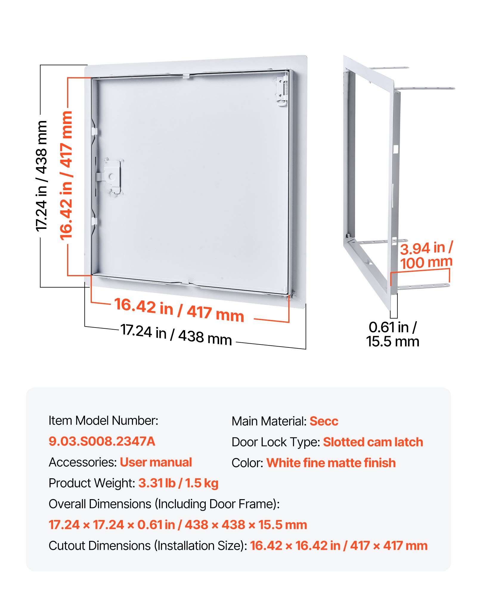 VEVOR Sportello di Ispezione Apertura 165° Materiale Lamiera d'Acciaio Zincata 411 x 411mm, Anta Sportello con Serratura per la Manutenzione Riparazione degli Impianti Superficie da Verniciare 1,9 kg