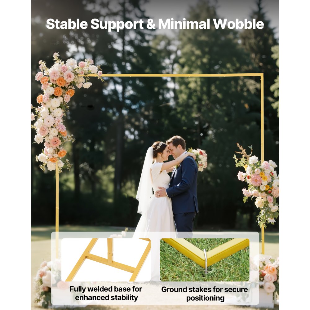 VEVOR Arch Backdrop Stand, 2.4 x 2.4 m, Stable Structure, Easy Assembly, Square Gold Metal Arch Backdrop Stand for Wedding, Birthday Party, Graduation, Holiday Celebration, and Ceremony Decoration