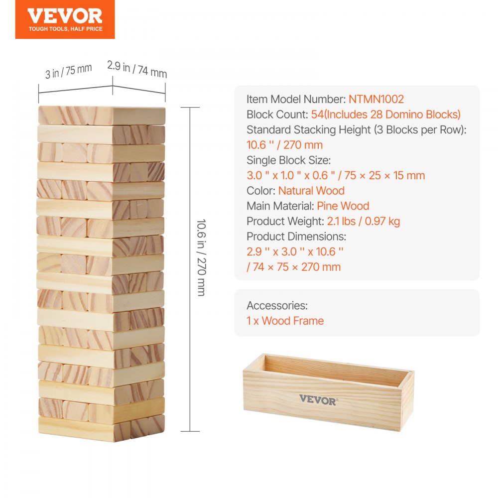 VEVOR Tumbling Tower with 54 Blocks, Pine Wood, Wooden Tower up to 27 cm High, Wooden Stacking Game for 1 or More Players, Tumbling Tower Family Game for Indoor/Outdoor Parties