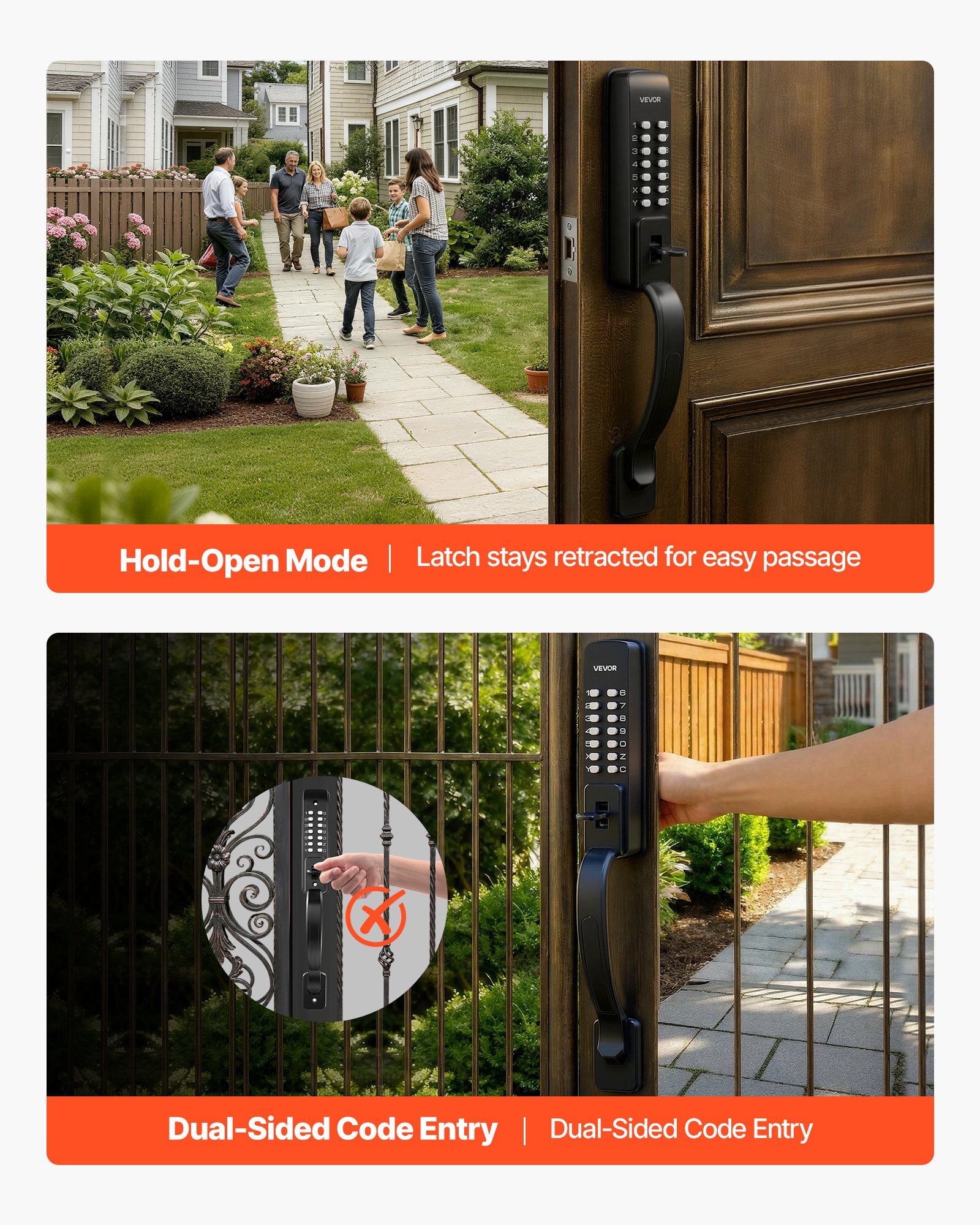 VEVOR Mechanical Keyless Entry Door Lock, 2.0 Code Upgrade, 4-7 Digits Code, Double-Sided Push Button Combination Keypad Door Lock with Pull Handle, Auto Locking, for Garden Gates, Indoor or Outdoor