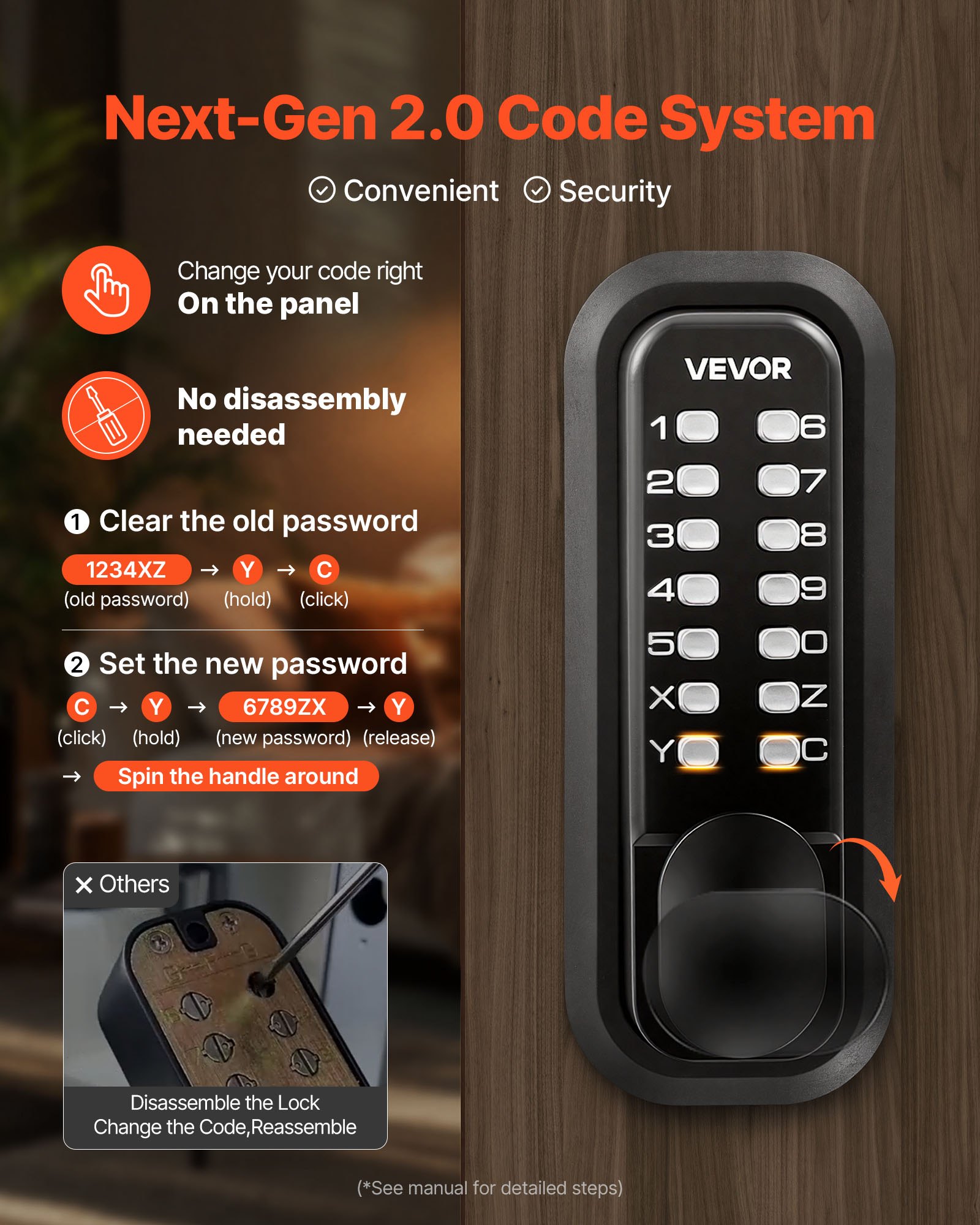 VEVOR Serratura Meccanica per Porte con Tastiera Monofacciale Codice da 4-7 Cifre, Serratura Senza Chiave Batteria a Combinazione con Pomello Bloccaggio Automatico Porte d'Ingresso, Nero