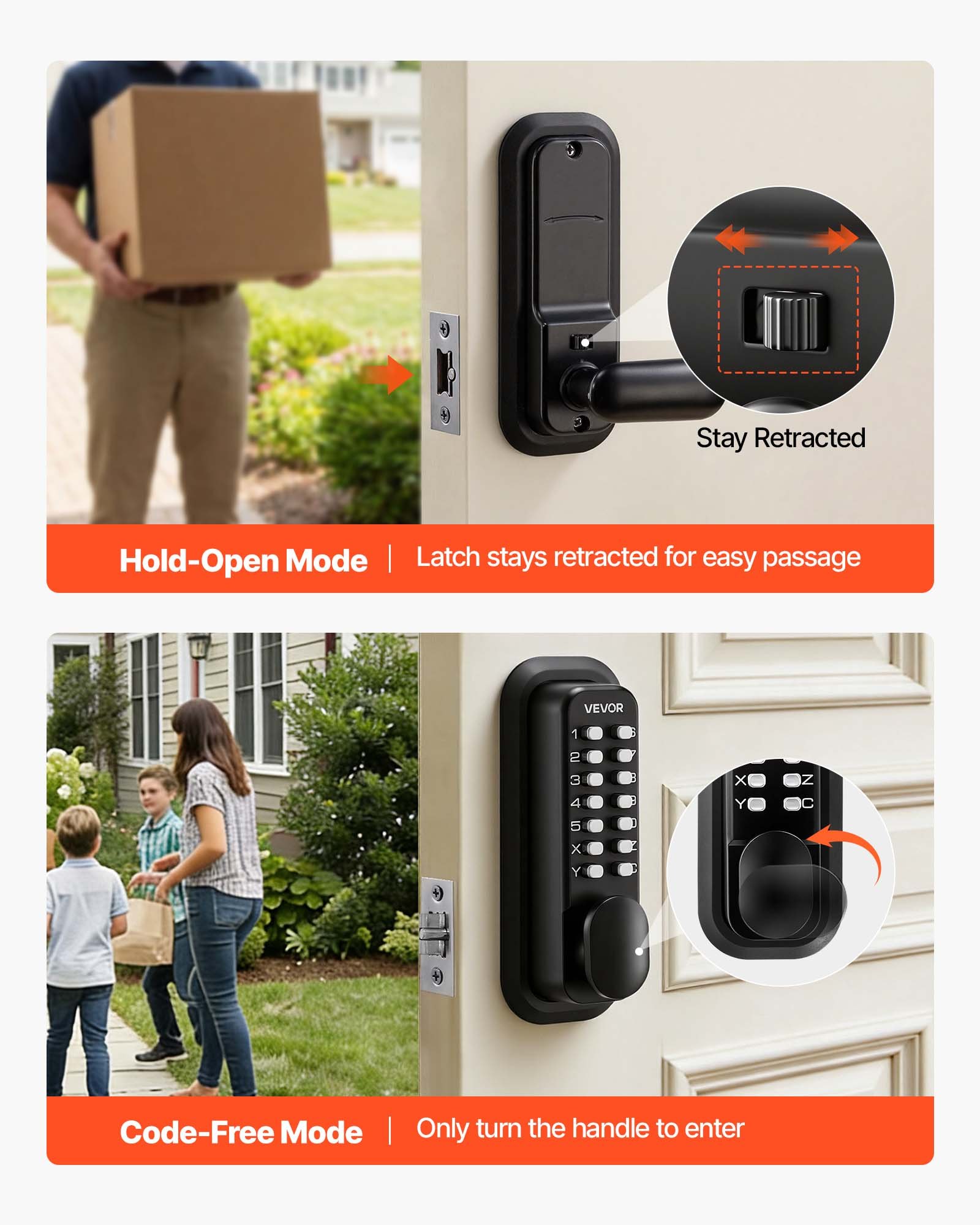 VEVOR Serratura Meccanica per Porte con Tastiera Monofacciale Codice da 4-7 Cifre, Serratura Senza Chiave Batteria a Combinazione con Pomello Bloccaggio Automatico Porte d'Ingresso, Nero