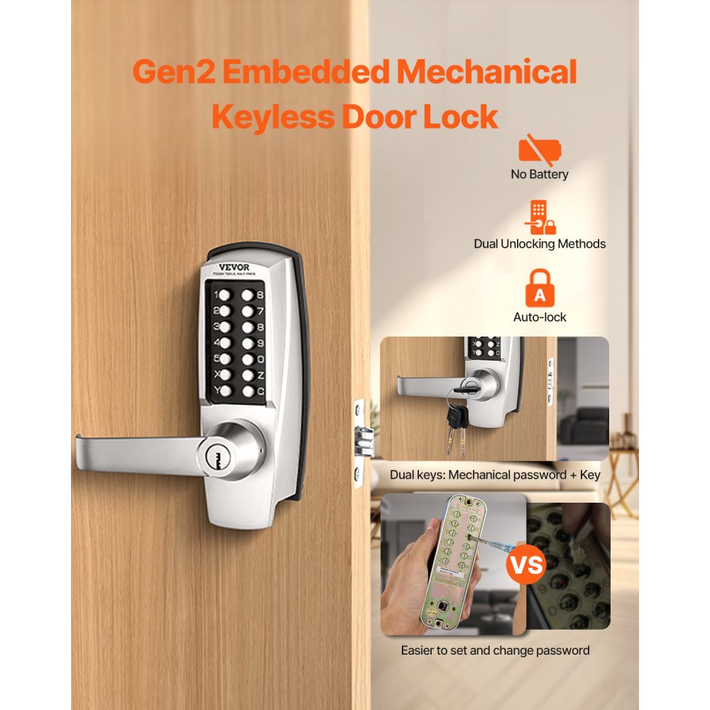 VEVOR mechanical keyless door lock with single-sided keypad (14 keys), keyless door lock with handle & keys, built-in code lock for house, office, outdoor fence, yard, silver