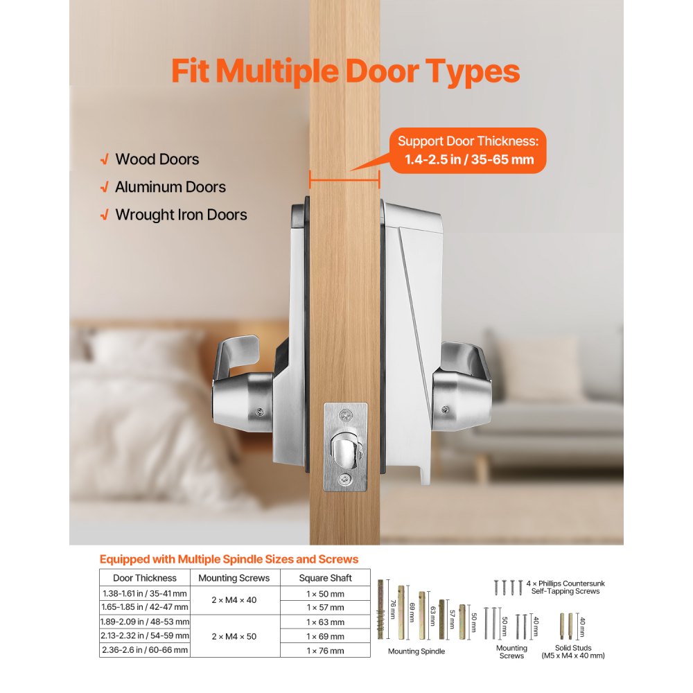 VEVOR mechanical keyless door lock with single-sided keypad (14 keys), keyless door lock with handle & keys, built-in code lock for house, office, outdoor fence, yard, silver
