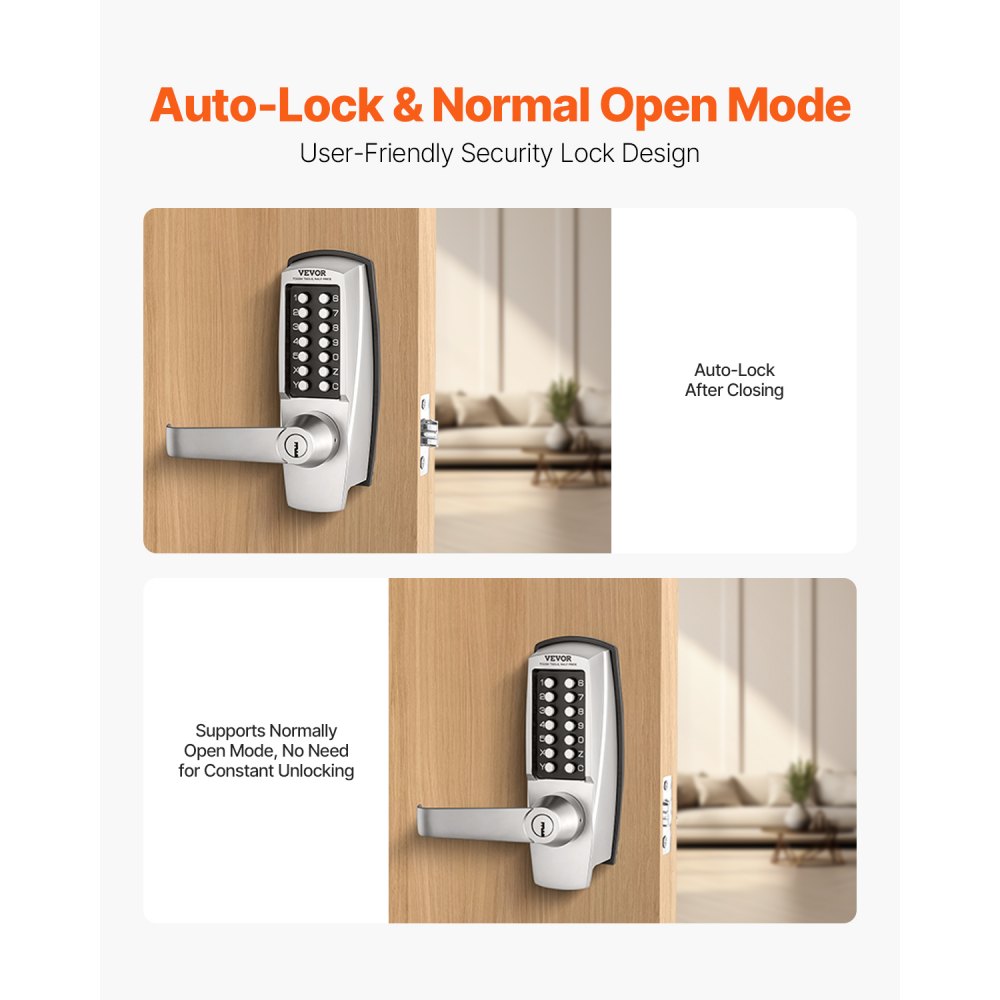VEVOR mechanical keyless door lock with single-sided keypad (14 keys), keyless door lock with handle & keys, built-in code lock for house, office, outdoor fence, yard, silver