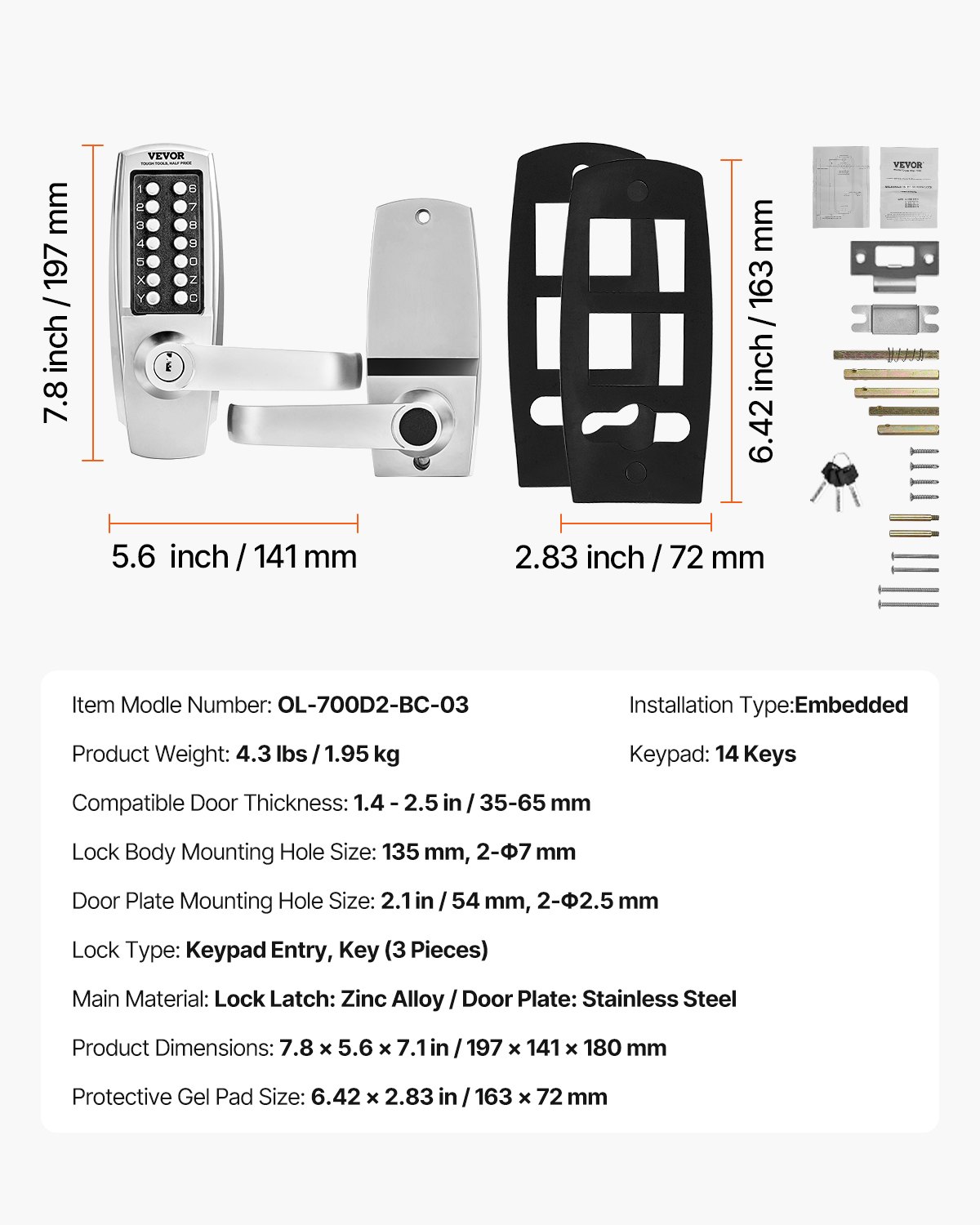 VEVOR mechanical keyless door lock with single-sided keypad (14 keys), keyless door lock with handle & keys, built-in code lock for house, office, outdoor fence, yard, silver