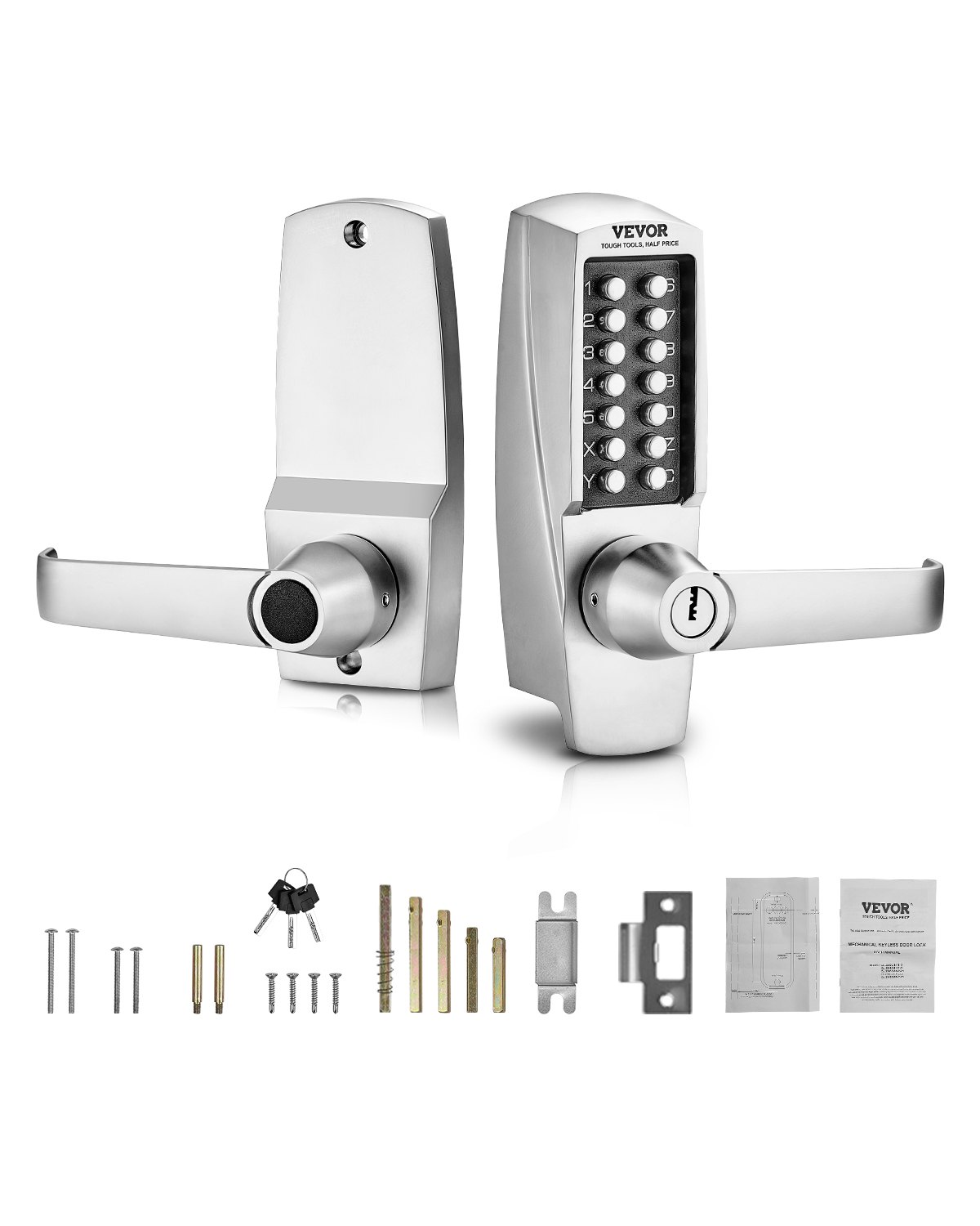 VEVOR mechanical keyless door lock with single-sided keypad (14 keys), keyless door lock with handle & keys, built-in code lock for house, office, outdoor fence, yard, silver