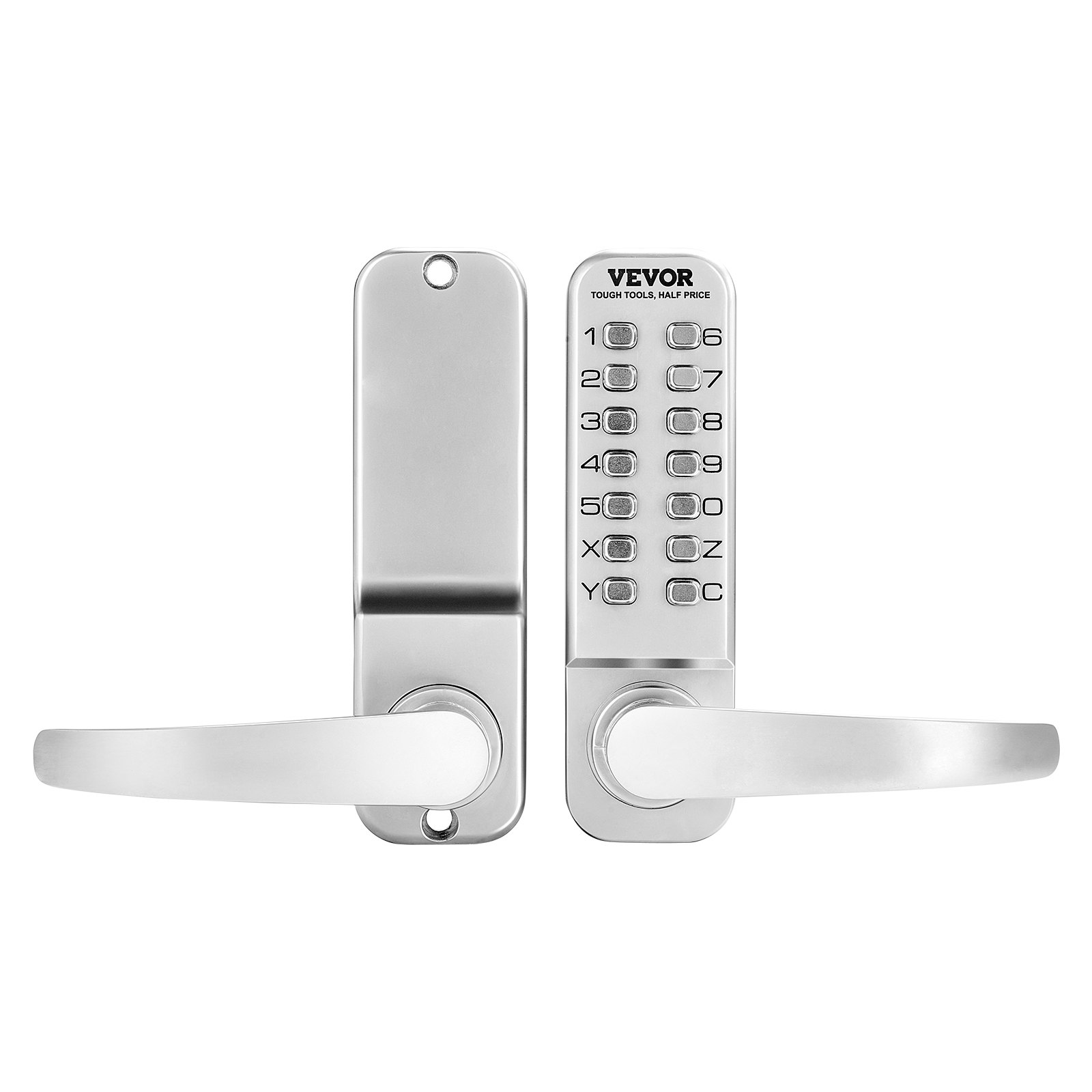 VEVOR mechanical keyless door lock with single-sided keypad (14 keys), keyless door lock with handle, code lock for house, office, outdoor fence, yard, silver (35-65 mm thick door)