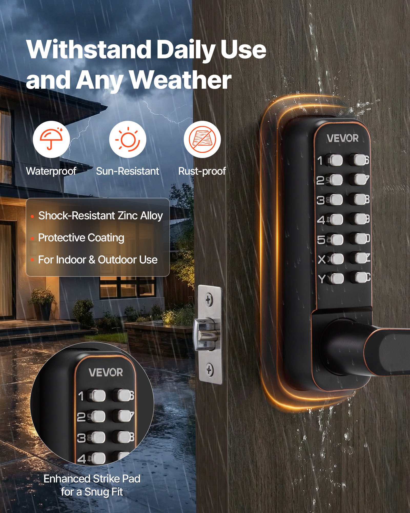 VEVOR Serratura per Porta Meccanica con Tastiera Monofacciale Codice 4-7 Cifre Serratura Senza Chiave con Maniglia Bloccaggio Automatico per Porte d'Ingresso Garage Colore Finitura Bronzo