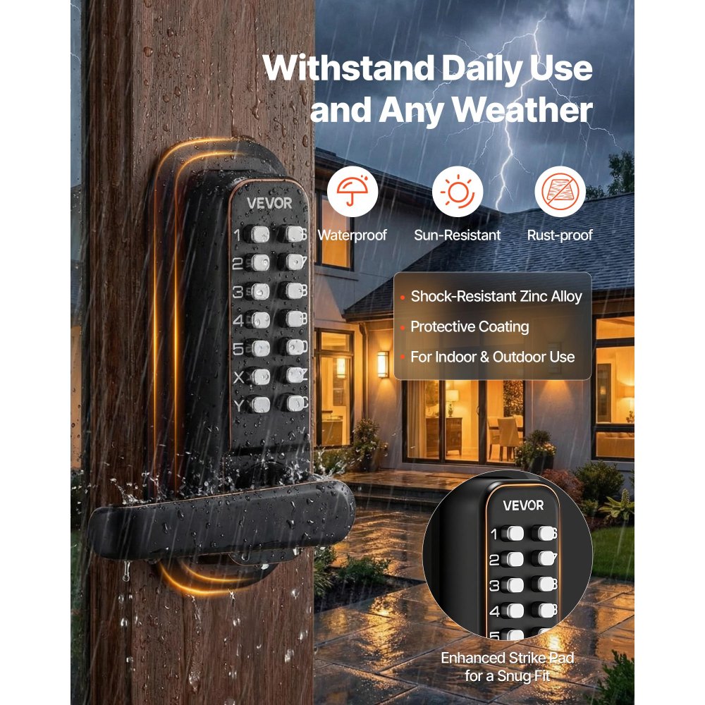 VEVOR Mechanical Keyless Entry Door Lock, 2.0 Code Upgrade, 4-7 Digits Code, Double-Sided Push Button Combination Keypad Door Lock with Handle, Auto Locking, for Indoor or Outdoor, Oil-Rubbed Bronze