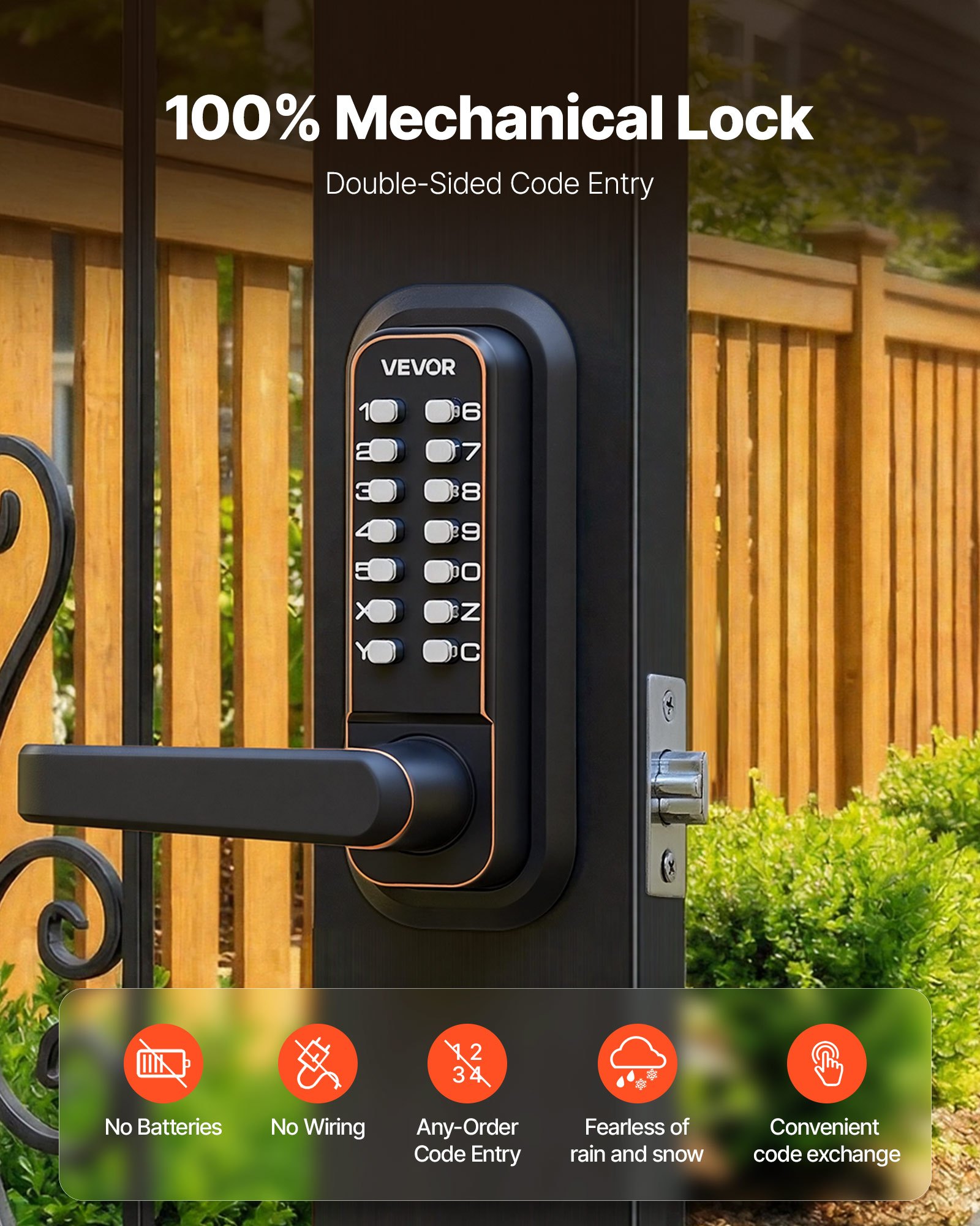 VEVOR Mechanical Keyless Entry Door Lock, 2.0 Code Upgrade, 4-7 Digits Code, Double-Sided Push Button Combination Keypad Door Lock with Handle, Auto Locking, for Indoor or Outdoor, Oil-Rubbed Bronze