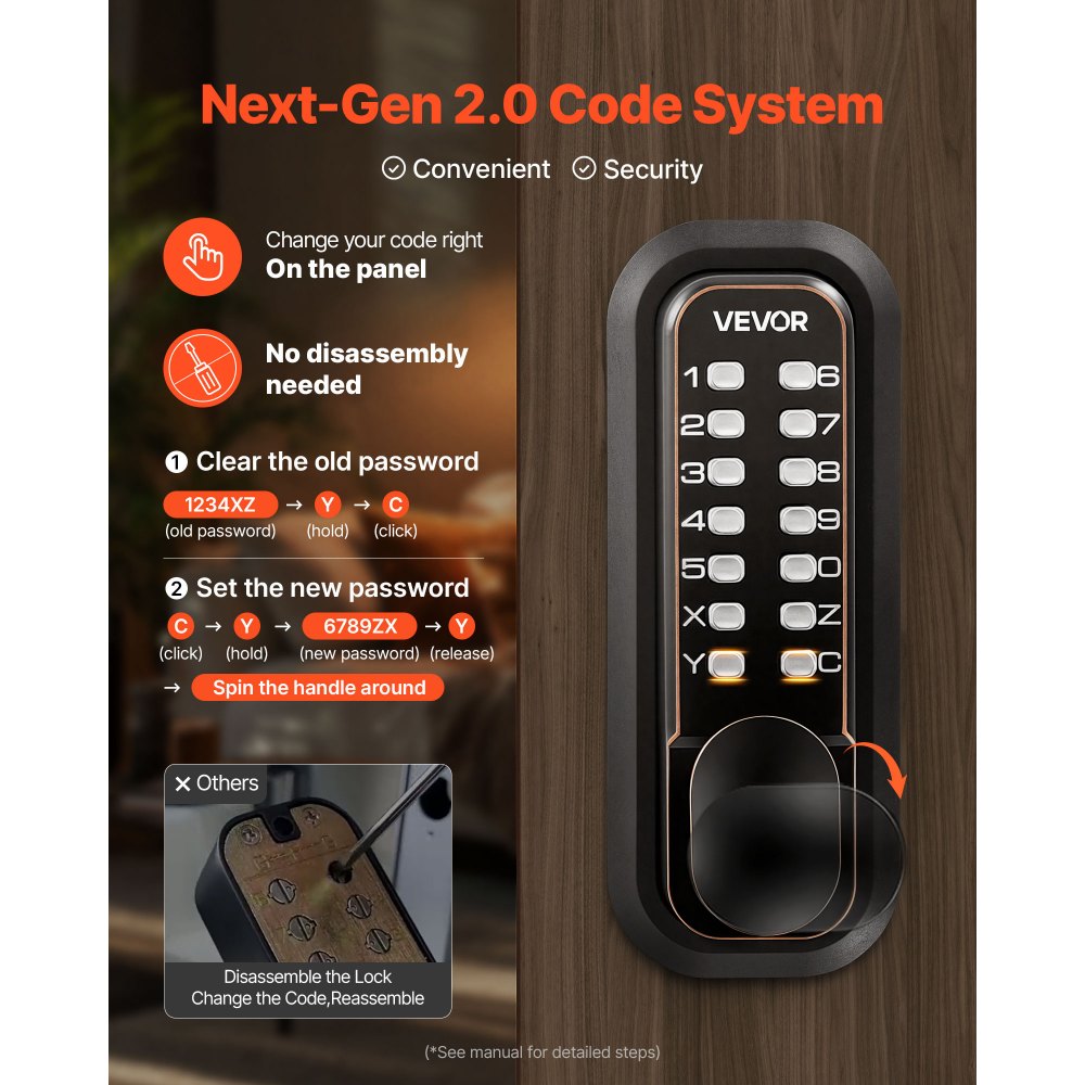 VEVOR Mechanical Keyless Entry Door Lock, 2.0 Code Upgrade, 4-7 Digits Code, Double-Sided Push Button Combination Mechanical Keypad Door Knob, Auto Locking, for Indoor or Outdoor, Oil-Rubbed Bronze