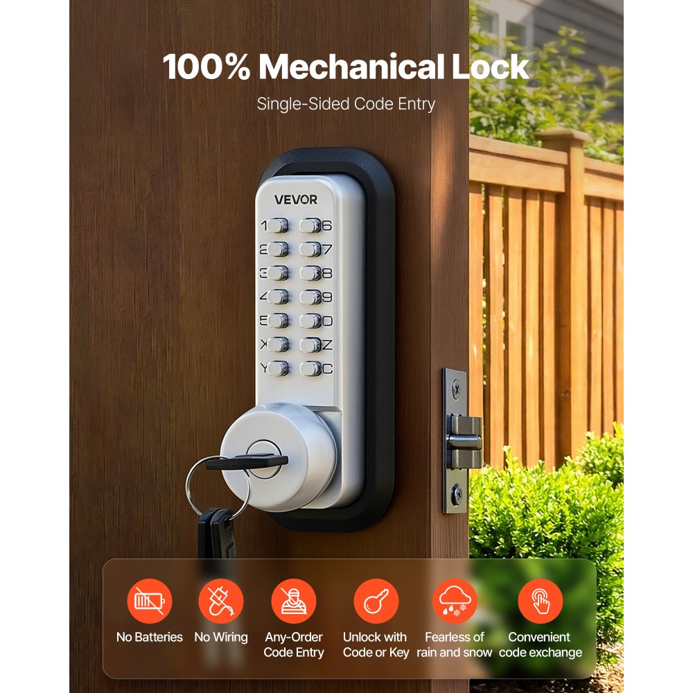 VEVOR Serratura Meccanica con Tastiera Monofacciale Codice da 4-7 Cifre, Serratura per Porta Senza Chiavi Batteria Bloccaggio Automatico Pomello, Porta d'Ingresso, Garage, Ufficio, Colore Argento
