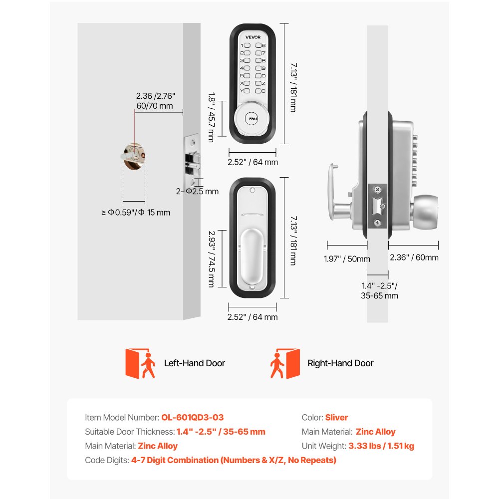 VEVOR Serratura Meccanica con Tastiera Monofacciale Codice da 4-7 Cifre, Serratura per Porta Senza Chiavi Batteria Bloccaggio Automatico Pomello, Porta d'Ingresso, Garage, Ufficio, Colore Argento