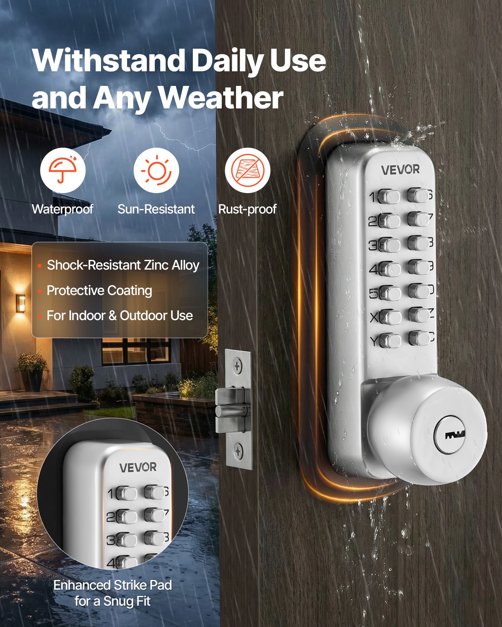 VEVOR Serratura Meccanica con Tastiera Monofacciale Codice da 4-7 Cifre, Serratura per Porta Senza Chiavi Batteria Bloccaggio Automatico Pomello, Porta d'Ingresso, Garage, Ufficio, Colore Argento