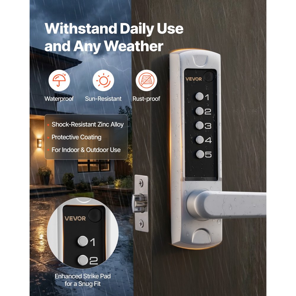 VEVOR Mechanical Keyless Entry Door Lock, 2.0 Code Upgrade, 5 Digits Code, Single-Sided Push Button Combination Keypad Door Lock with Handle, Auto Locking, for Garden Gates, Indoor or Outdoor, Silver