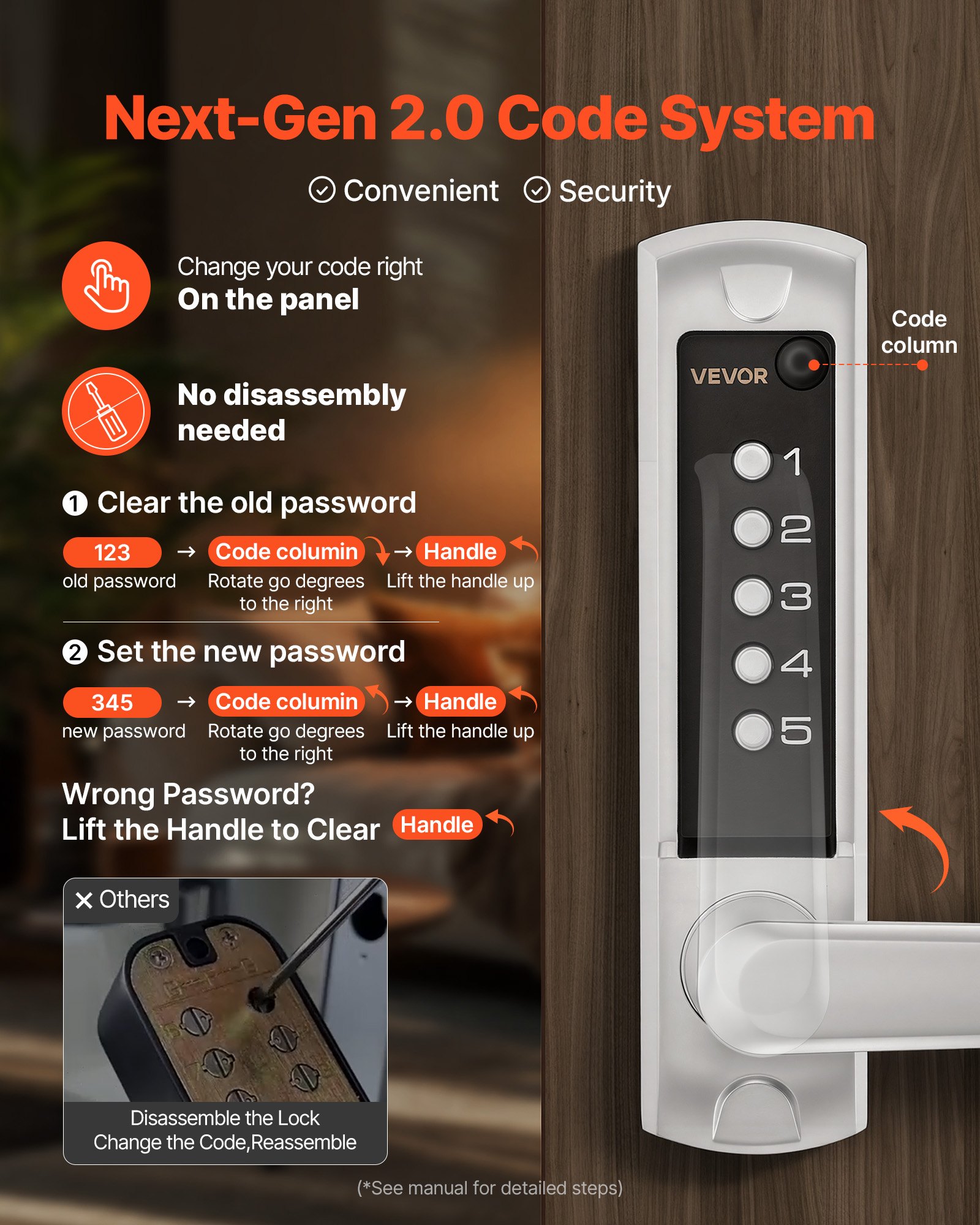 VEVOR Mechanical Keyless Entry Door Lock, 2.0 Code Upgrade, 5 Digits Code, Single-Sided Push Button Combination Keypad Door Lock with Handle, Auto Locking, for Garden Gates, Indoor or Outdoor, Silver